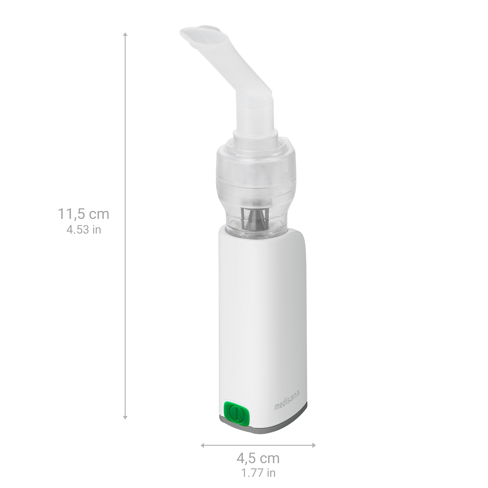 A white nebulizer with dimensions labeled: 11.5 cm high, 4.5 cm wide.
