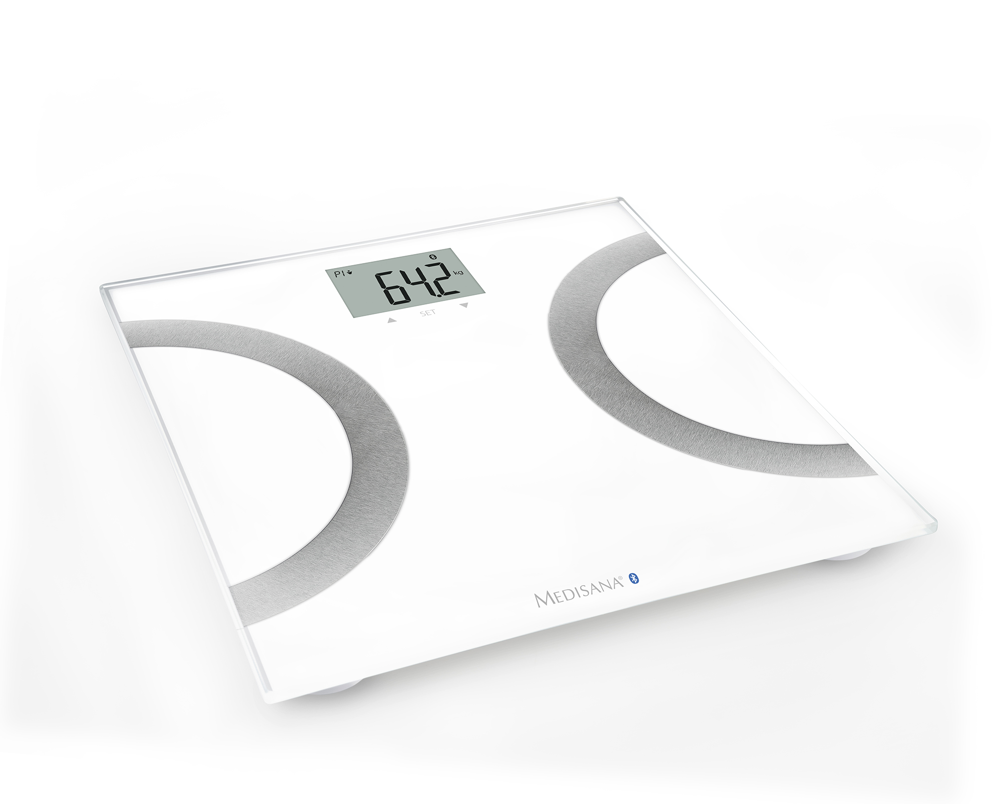 Een witte digitale badkamerweegschaal met 64,2 kg, met een zilveren design, merk Medisana.