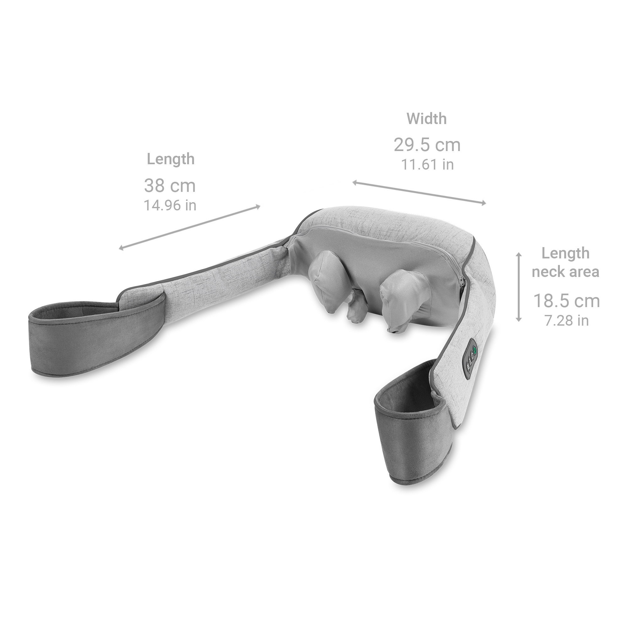 Un masajeador de cuello gris con dimensiones etiquetadas. Tiene asas y nodos de masaje.