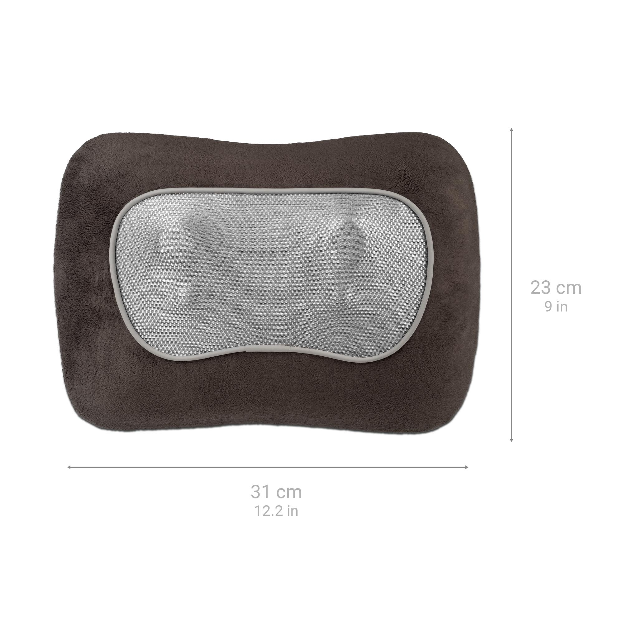 Graues Massagekissen. Es hat ein weiches Material und eine ovale Form.