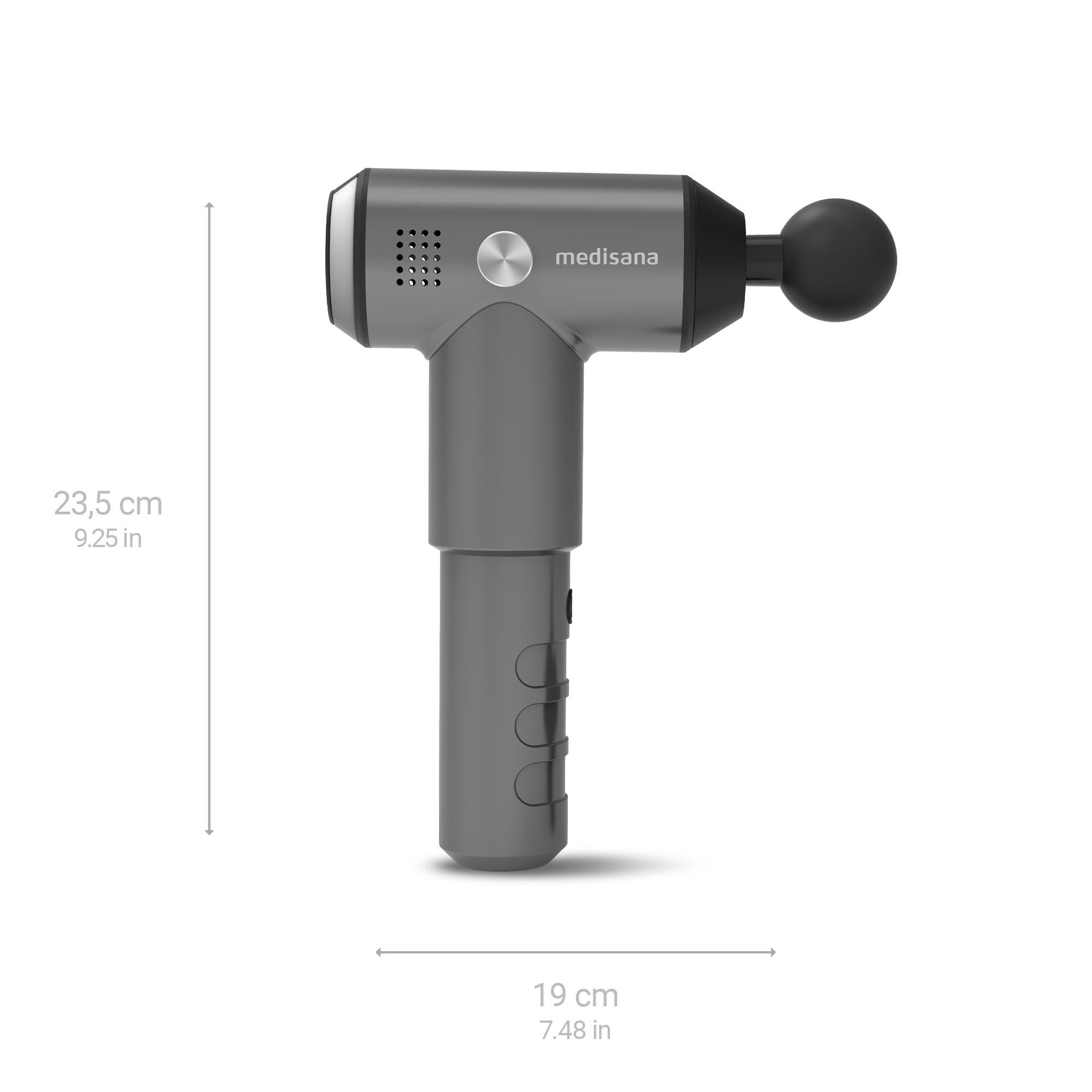Una pistola de masaje gris con dimensiones mostradas sobre un fondo blanco.