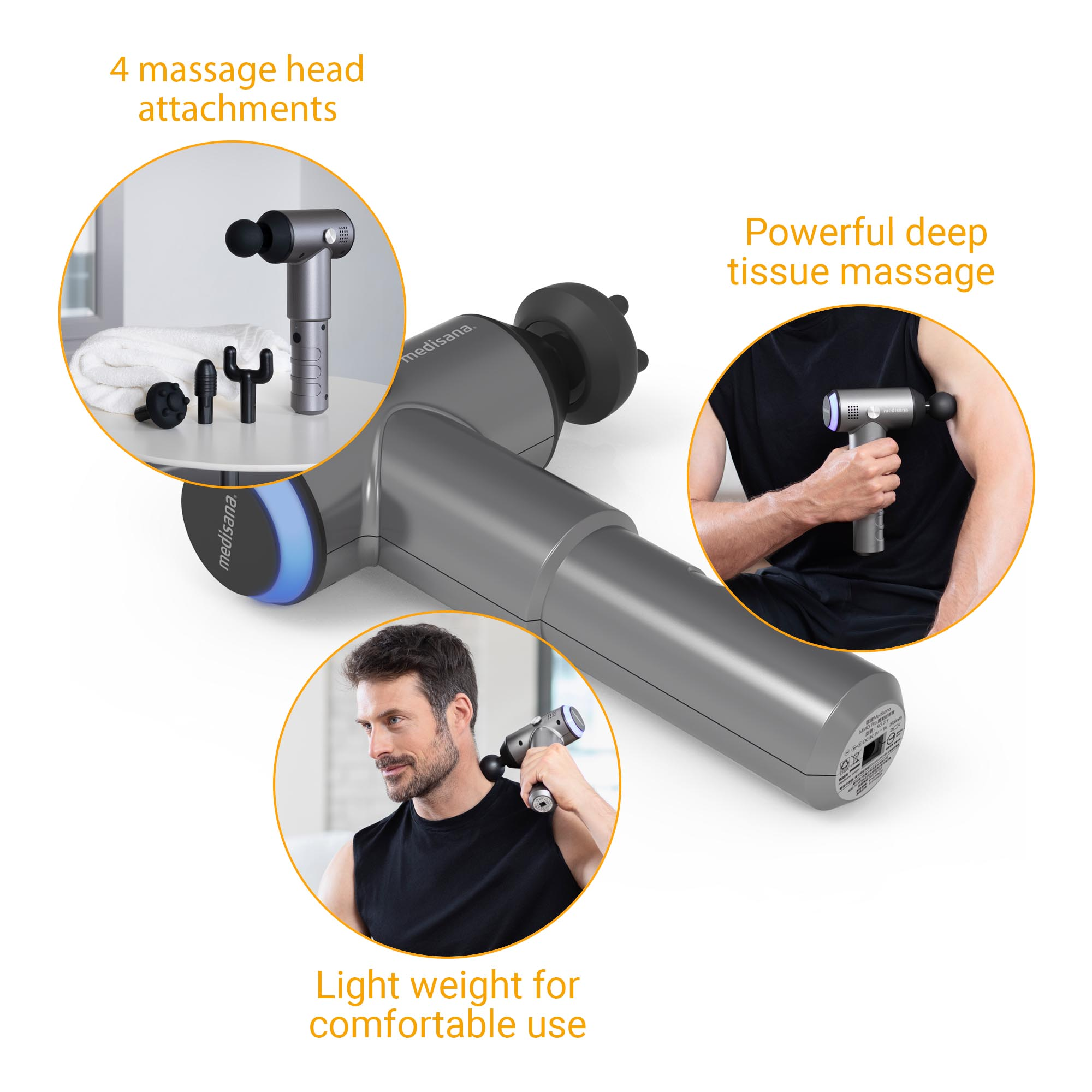 Pistola de masaje gris con accesorios y usuarios demostrando su uso, promoviendo el masaje de tejido profundo.