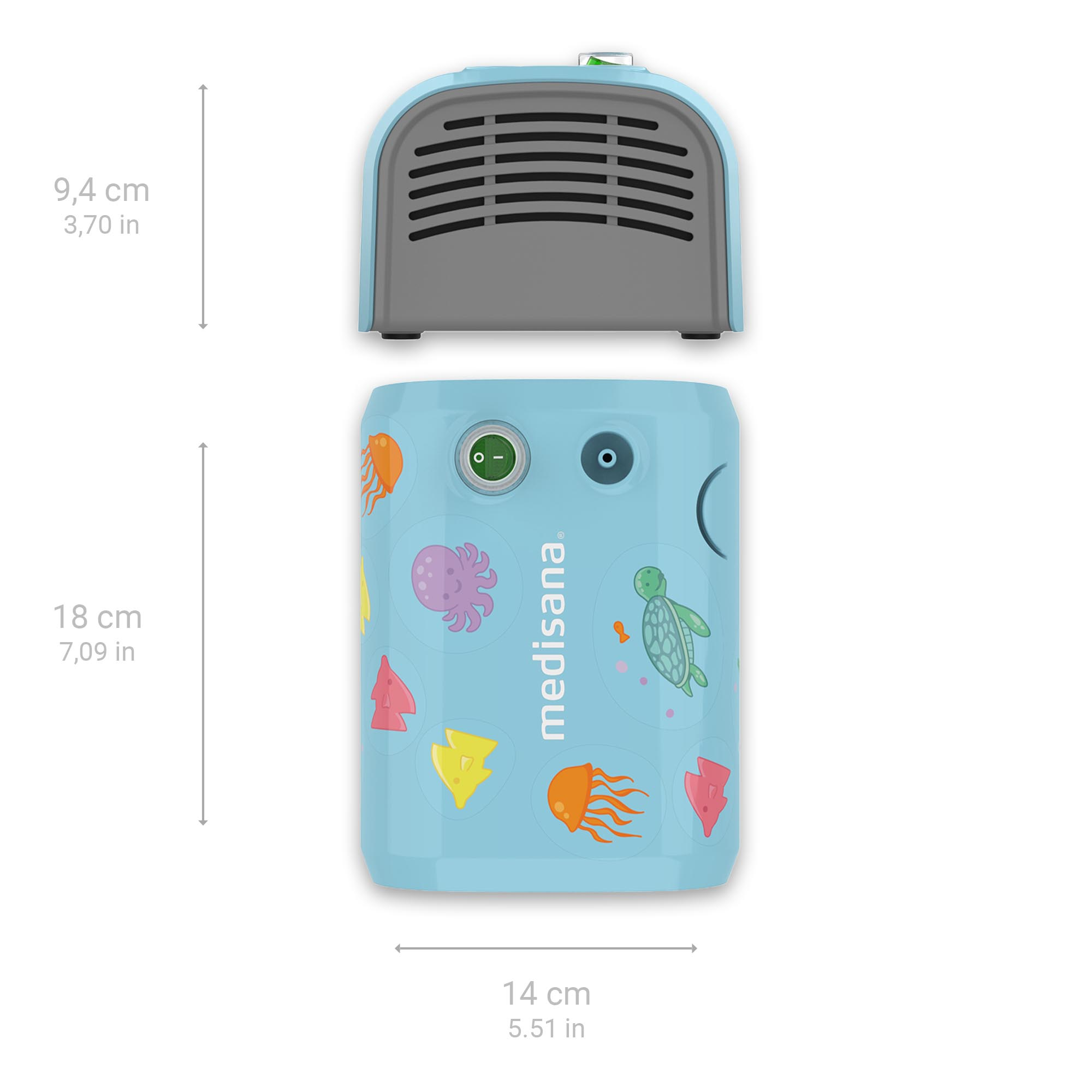 Light blue medisana nebulizer. The top grey section has vents, and a blue base with stickers.
