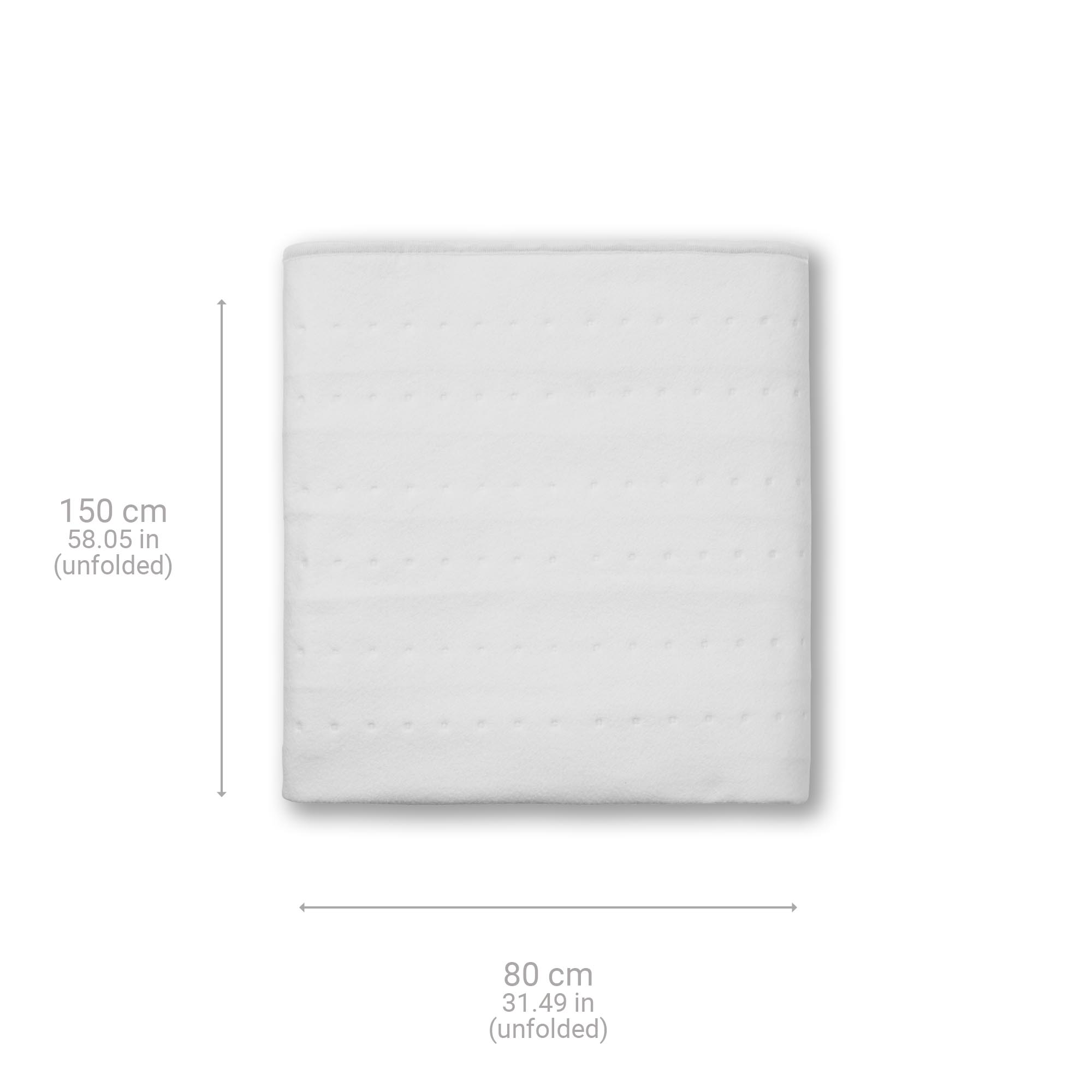 Biały złożony ręcznik z wymiarami. Ręcznik leży na białej powierzchni.