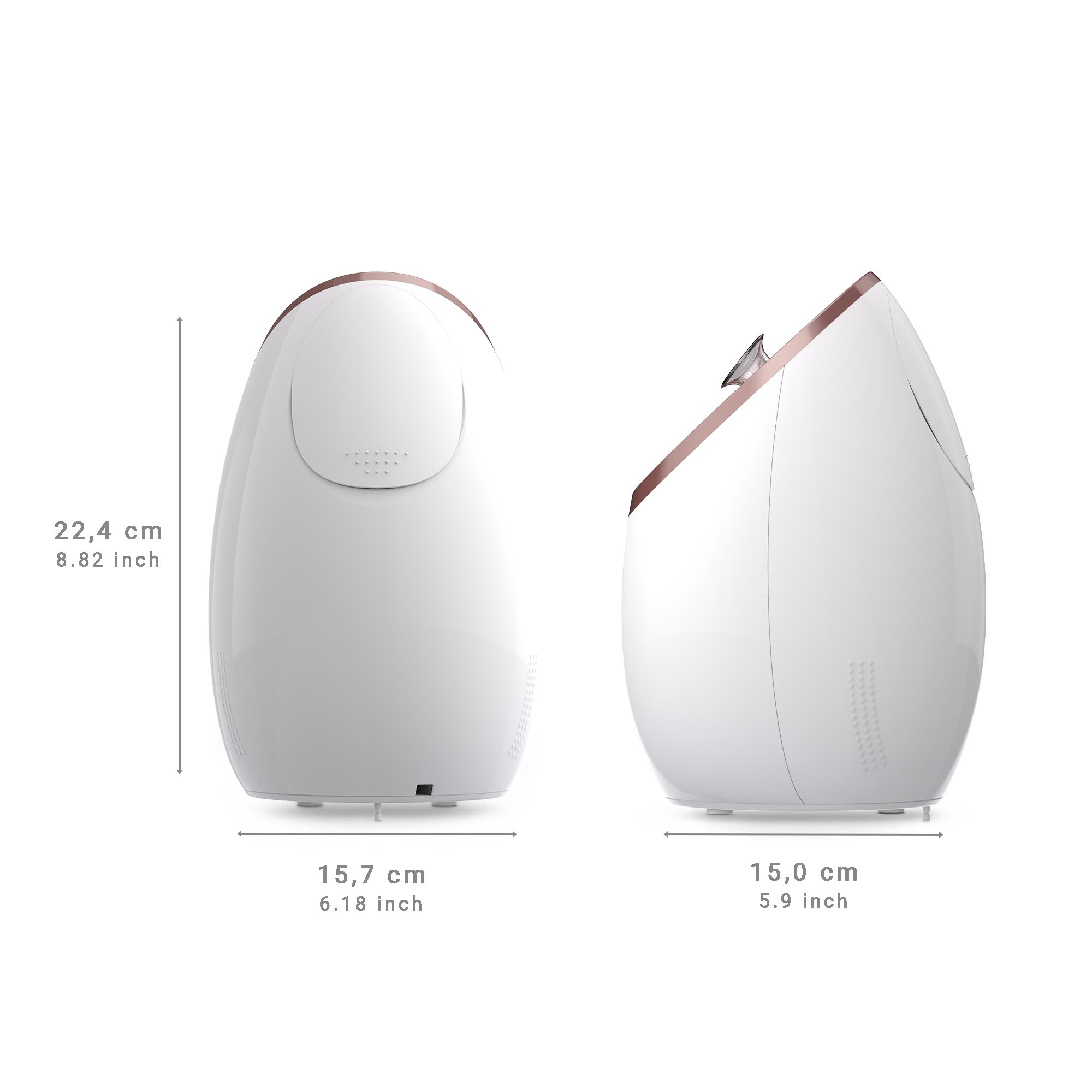 Deux appareils de vapeur faciale blancs et or rose avec mesures en cm et pouces.