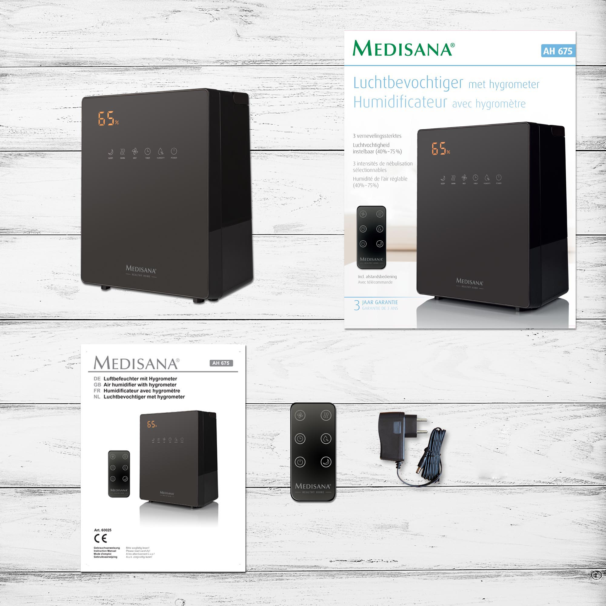 Zwarte luchtbevochtiger met display en afstandsbediening. Productdetails en verpakking op witte ondergrond.
