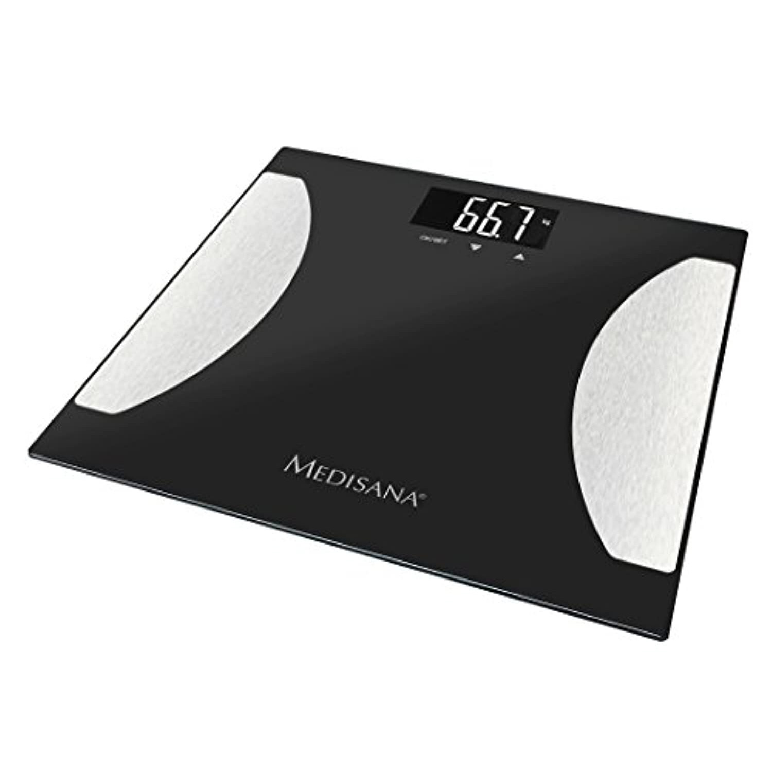 Una bilancia digitale nera con un display che mostra '66.7' e due aree bianche per i piedi.