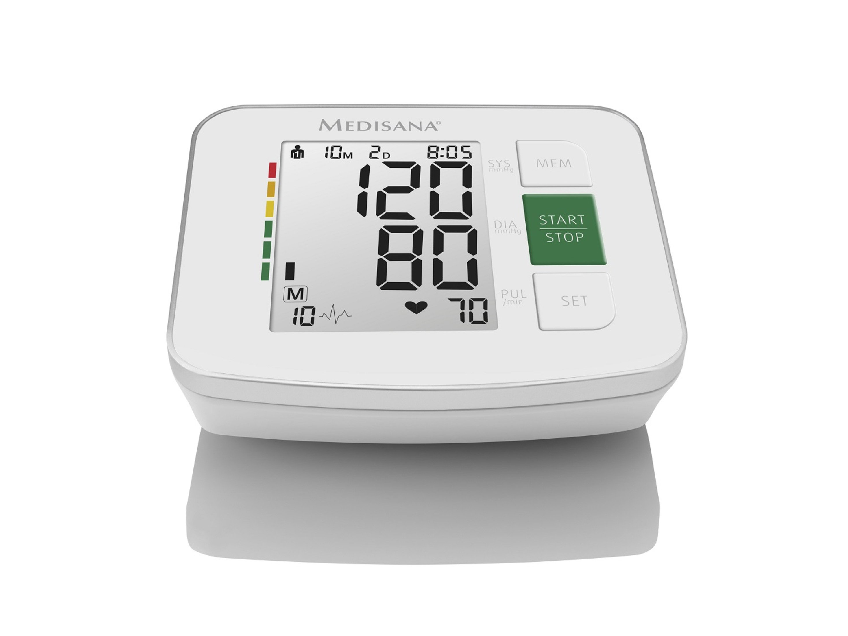 Biały monitor ciśnienia krwi z wyświetlaczem 120/80 i pulsem 70. Zielony przycisk start.