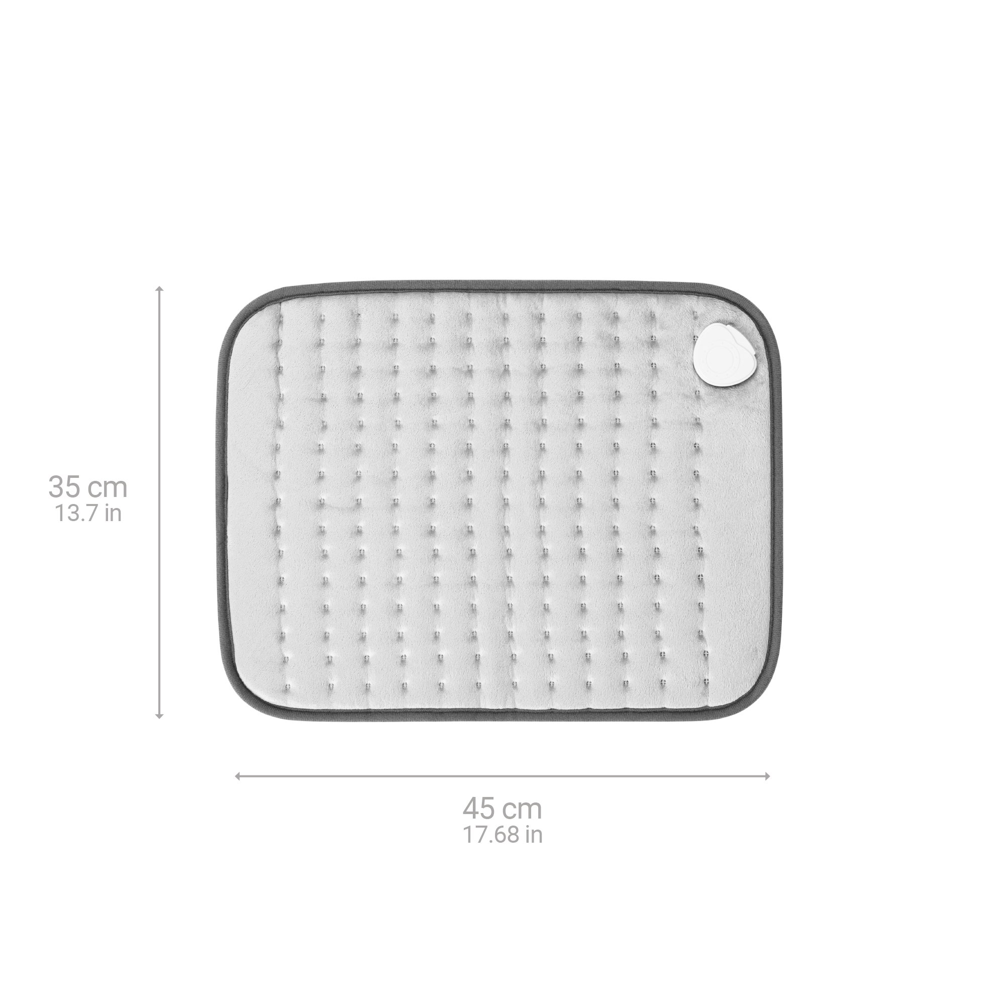 Rectangular heating pad. It is white with a gray border. Dimensions are displayed.