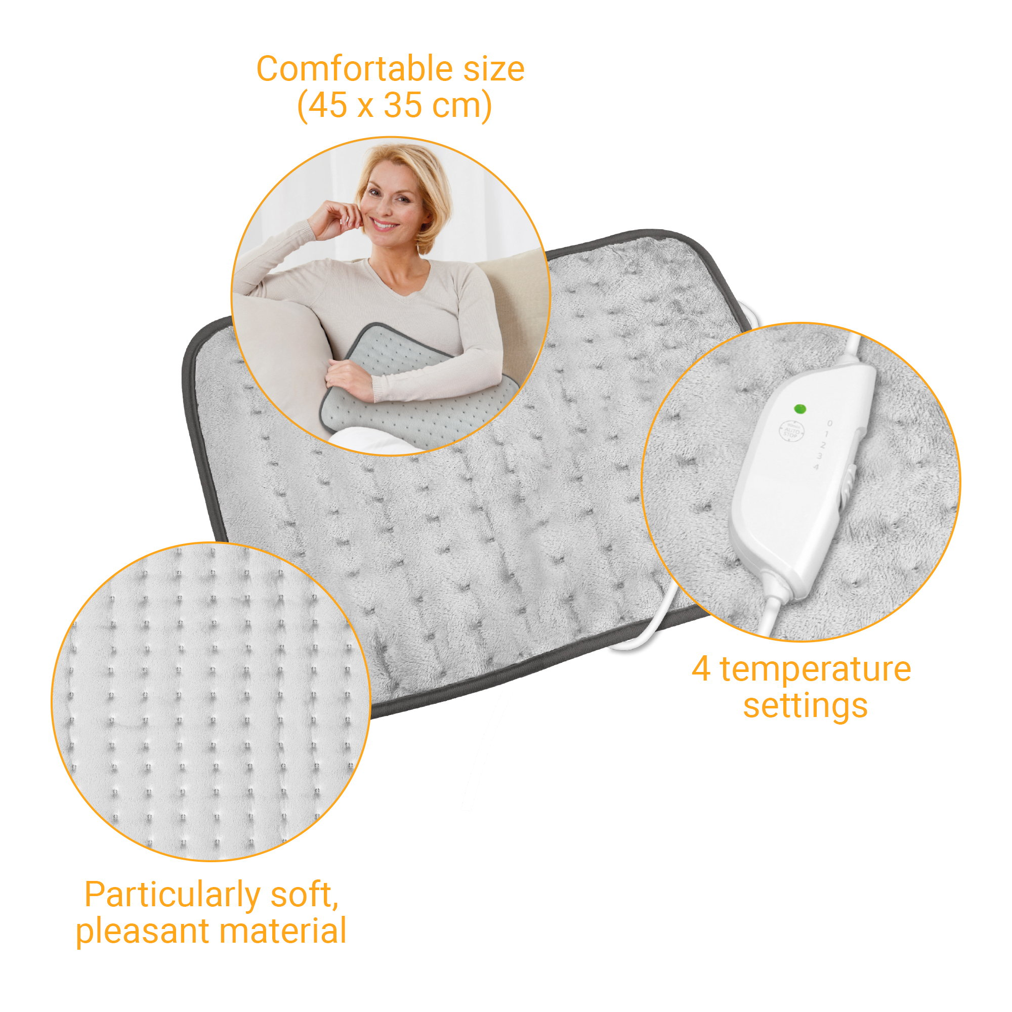 Woman with a gray heating pad, with a controller and detailed close-ups.