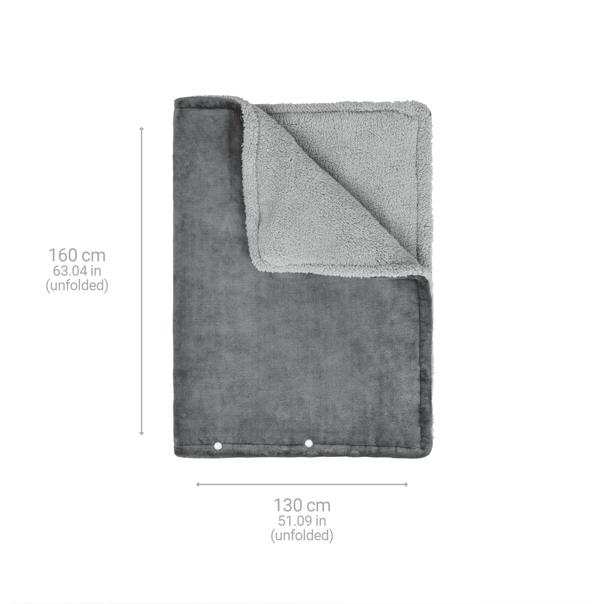 Szary koc, złożony i z zaznaczonymi wymiarami, leży na białym tle.