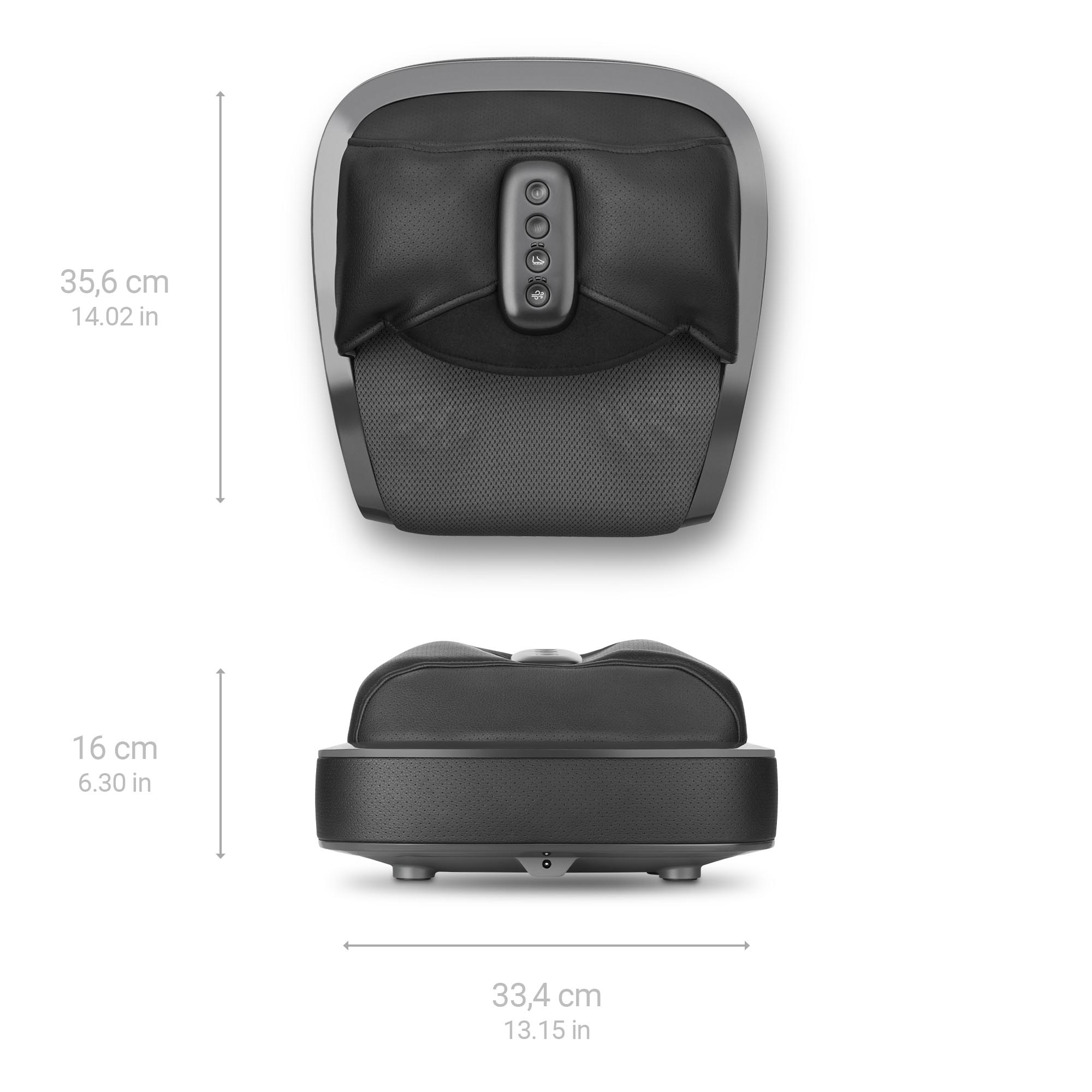 Czarny masażer stóp z oznaczonymi wymiarami. Widok z góry i z boku.