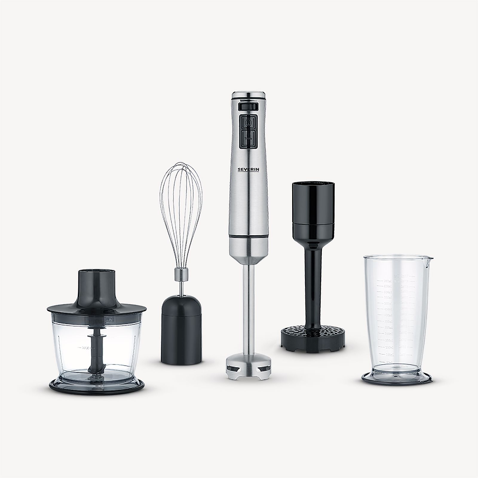 Set of kitchen appliances: blender, whisk, chopper, immersion blender, and measuring cup.