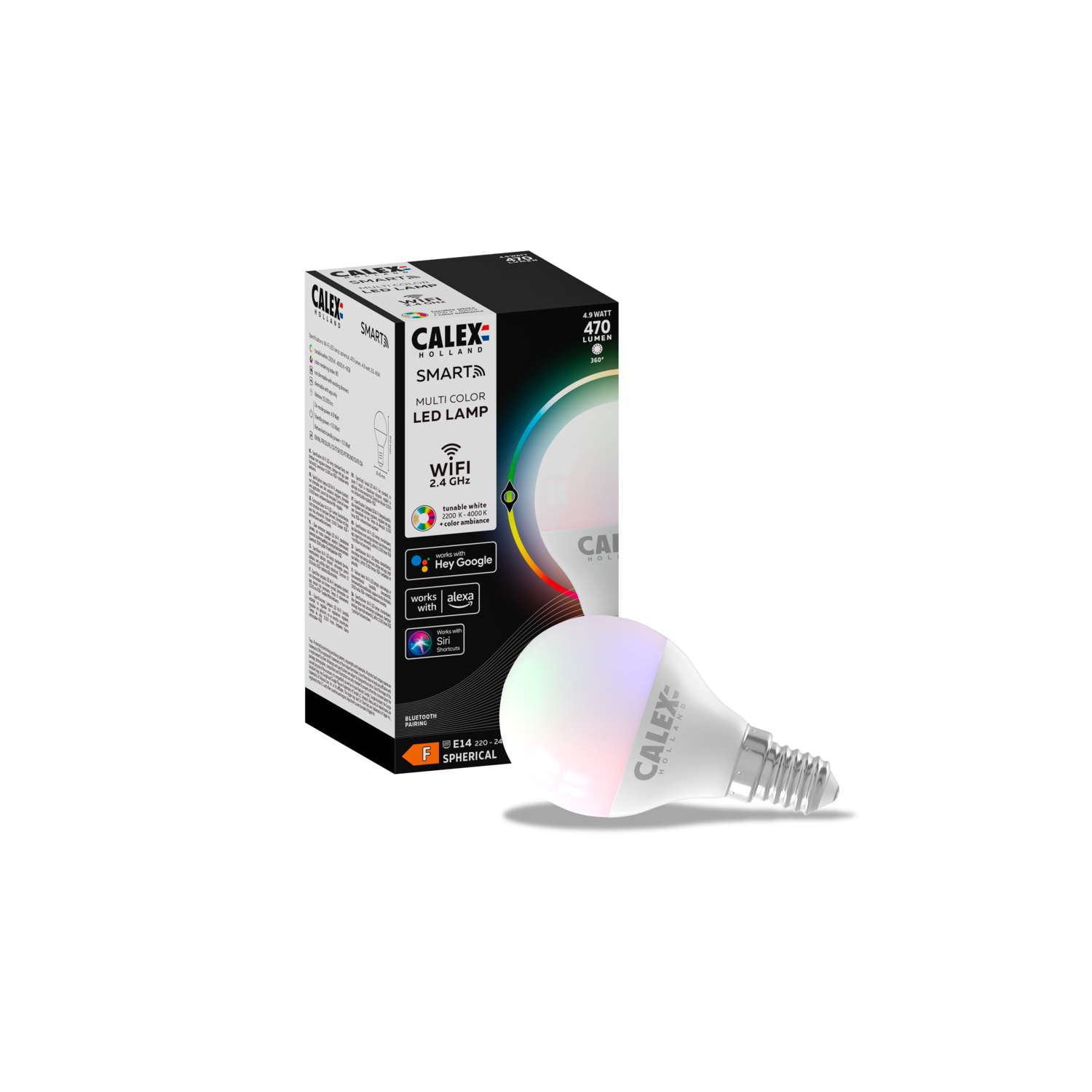 Lampadina LED intelligente multicolore davanti a una scatola. La lampadina è bianca con effetto arcobaleno.