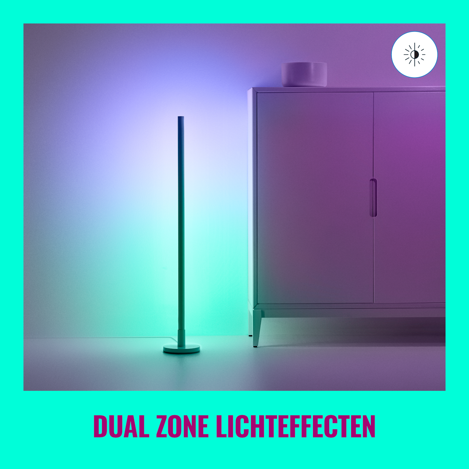 Vloerlamp met verticale lichtstrip en een witte kast. Tekst: 'Dual zone lichteffecten'.