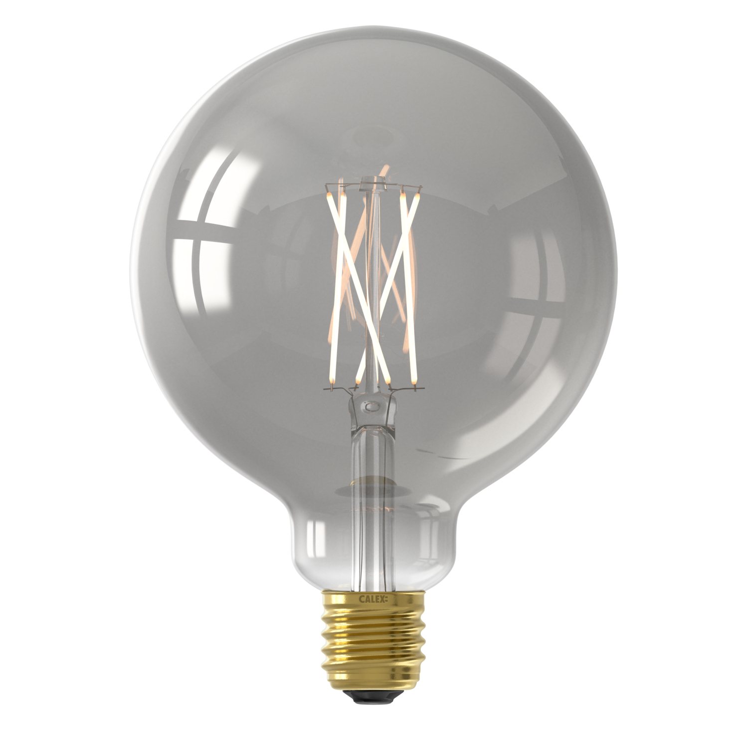 Una grande lampadina rotonda grigia con una base dorata e un filamento di filo al centro.