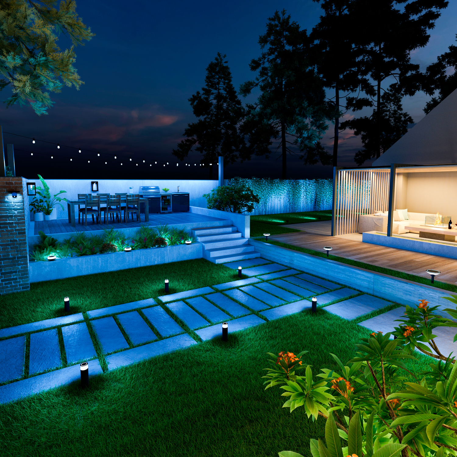 Una scena notturna di un giardino moderno con luci e mobili. La scena è illuminata con luci blu e bianche.