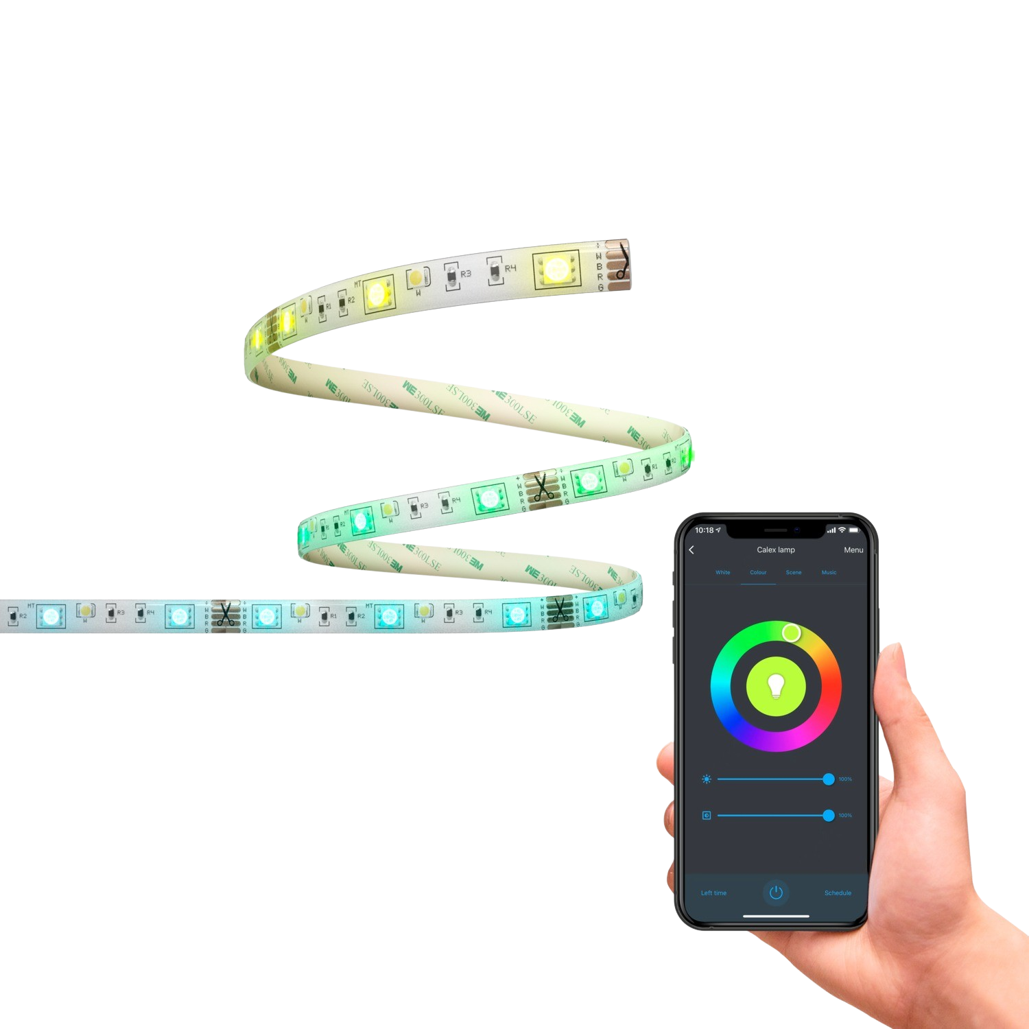 Striscia luminosa LED flessibile, con un telefono che mostra le opzioni di controllo del colore. Sfondo nero.