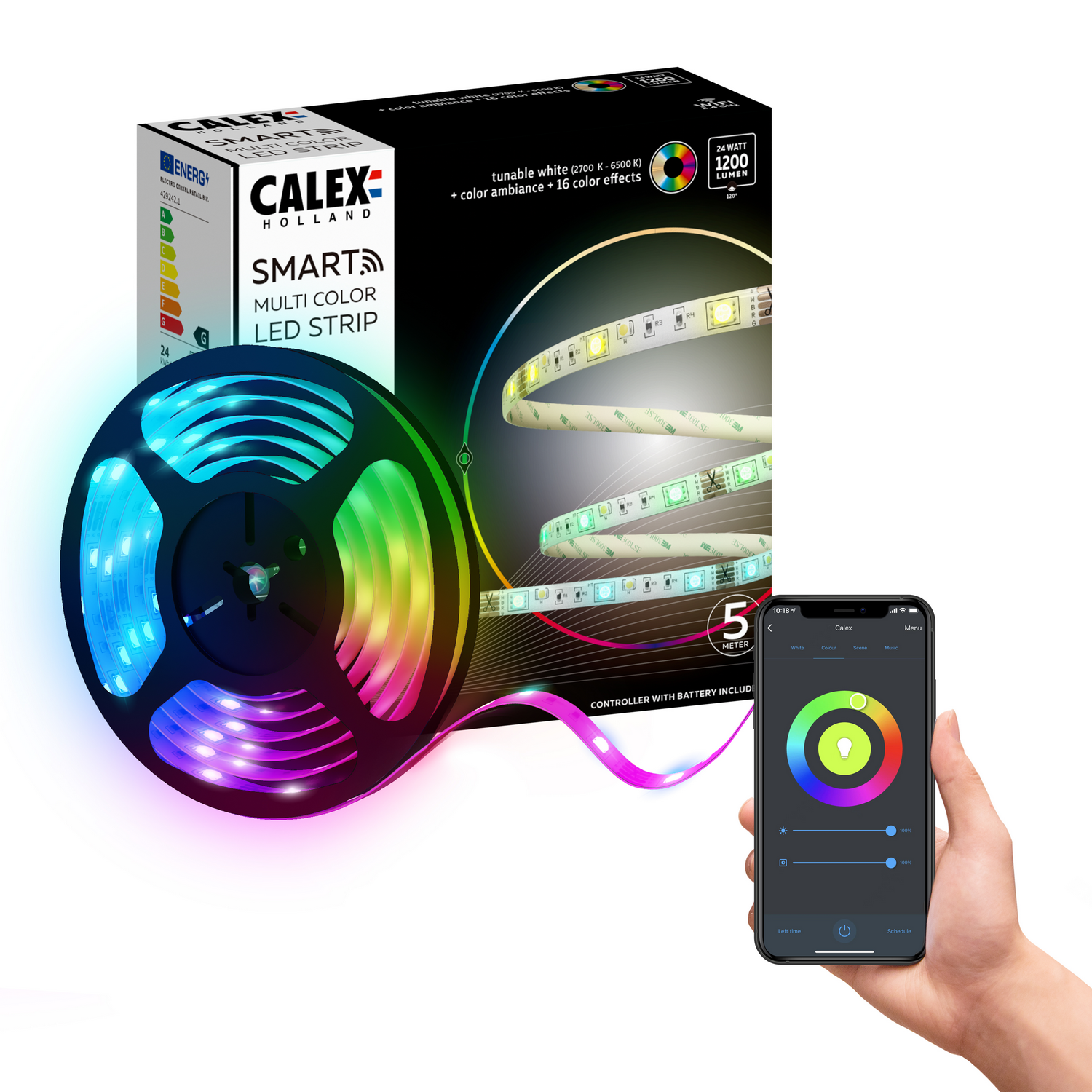 Un rotolo di striscia LED con una scatola e un telefono che mostra le opzioni colore.