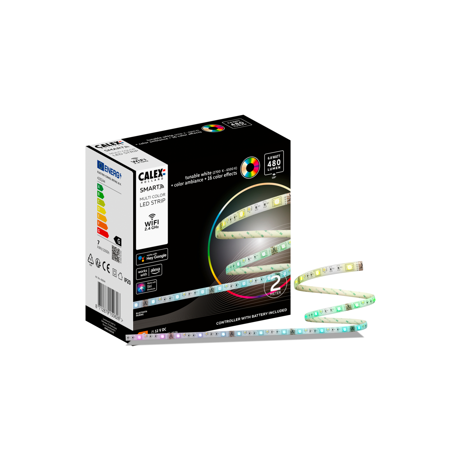 Una scatola di strisce LED intelligenti Calex con una striscia. La scatola mostra informazioni sulla striscia.