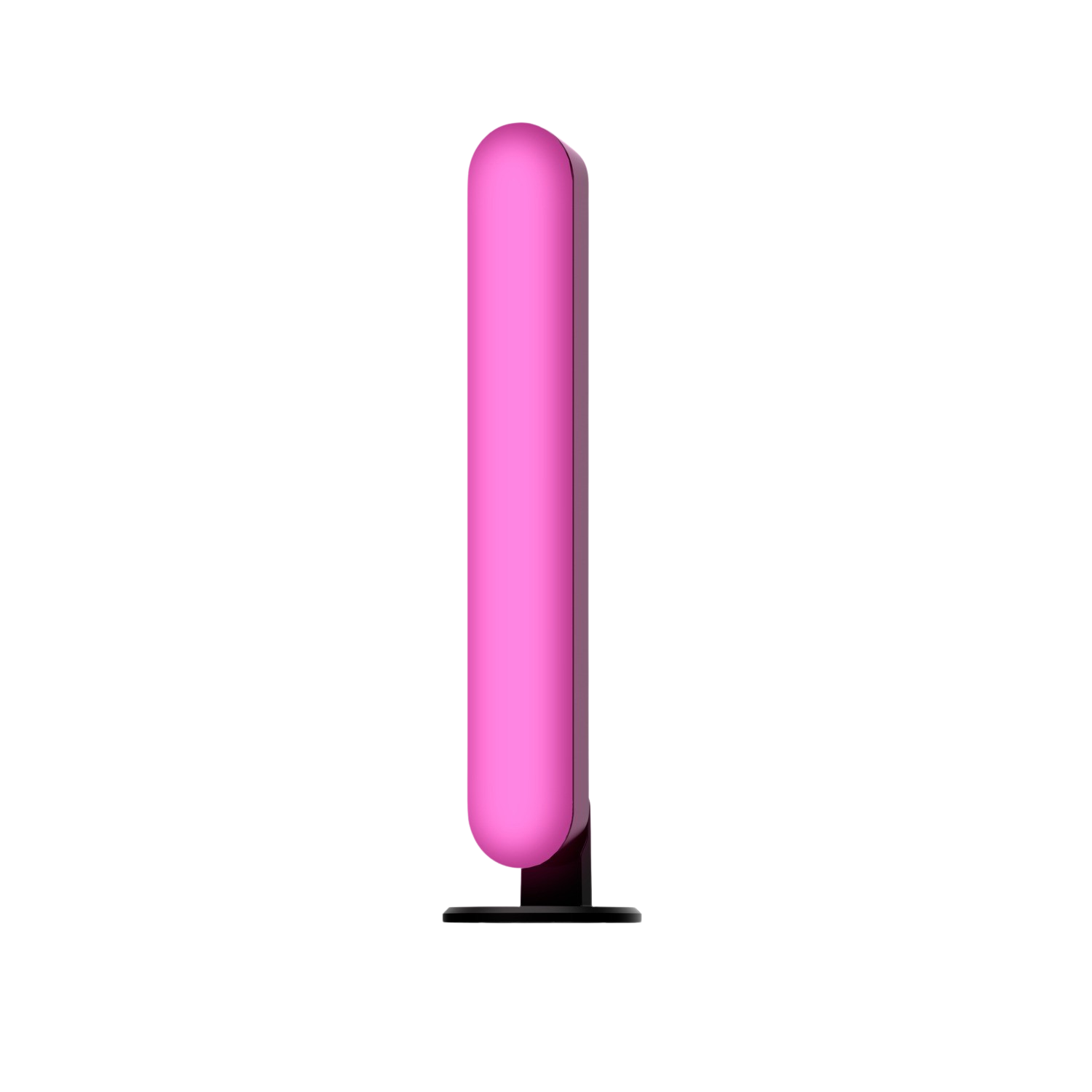 Una barra luminosa a LED rosa alta su base nera, su sfondo nero.