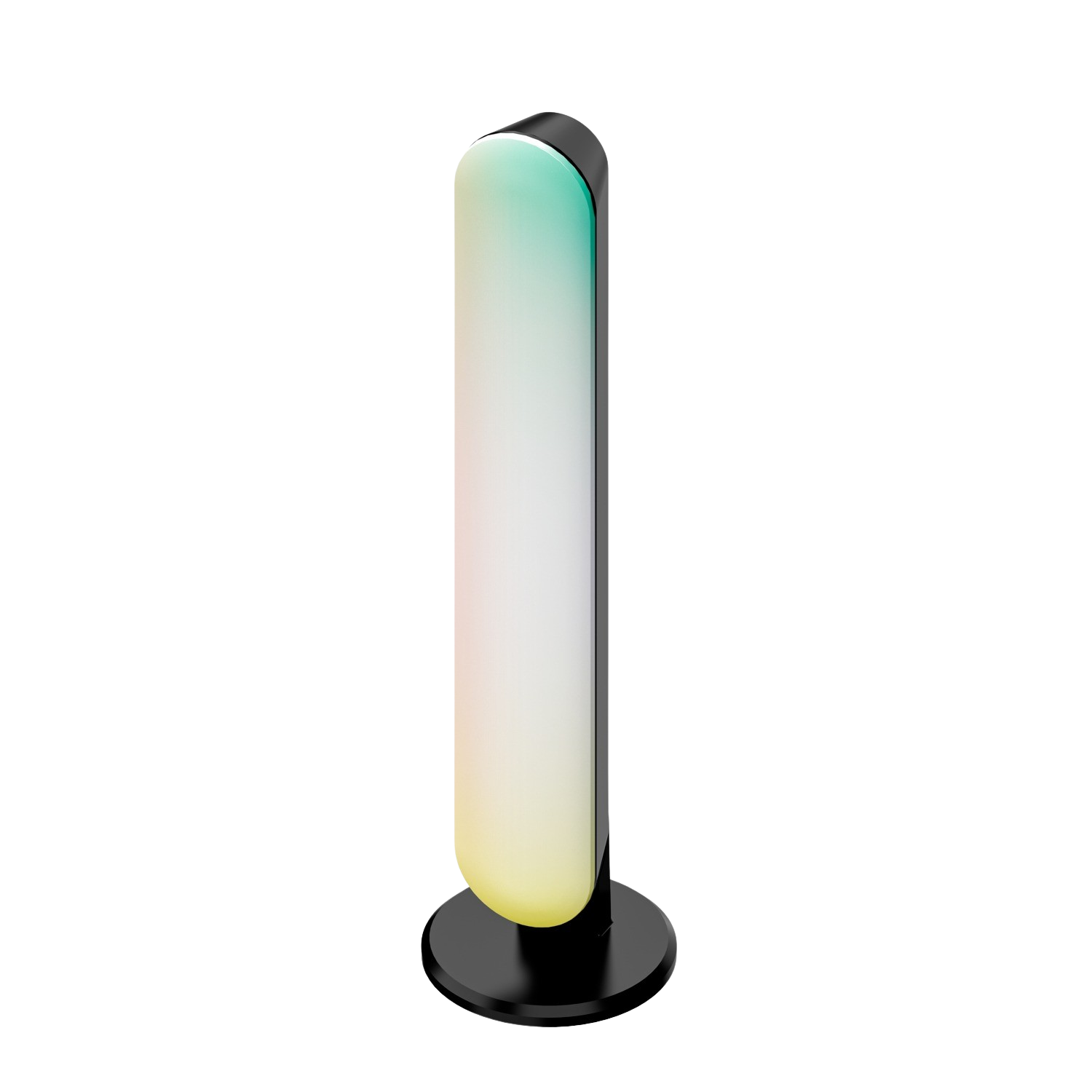 Una luce alta, verticale, illuminata con colori sfumati su una base circolare nera.