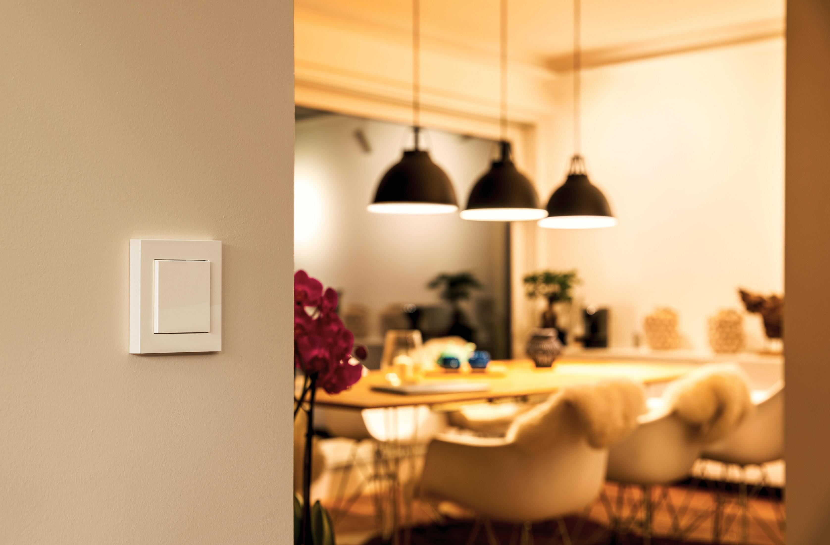 Interruttore della luce bianco su un muro beige, con una scena di sala da pranzo sullo sfondo.