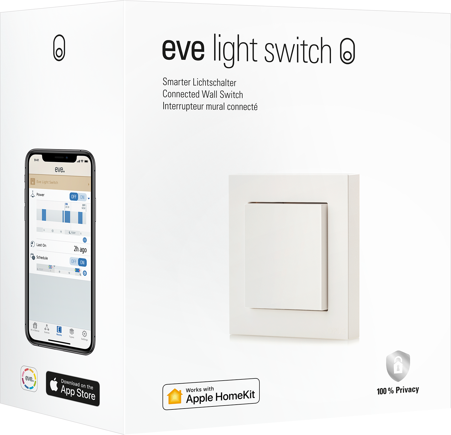 Scatola bianca con un interruttore della luce Eve e un telefono che mostra l'app. Funziona con Apple HomeKit.