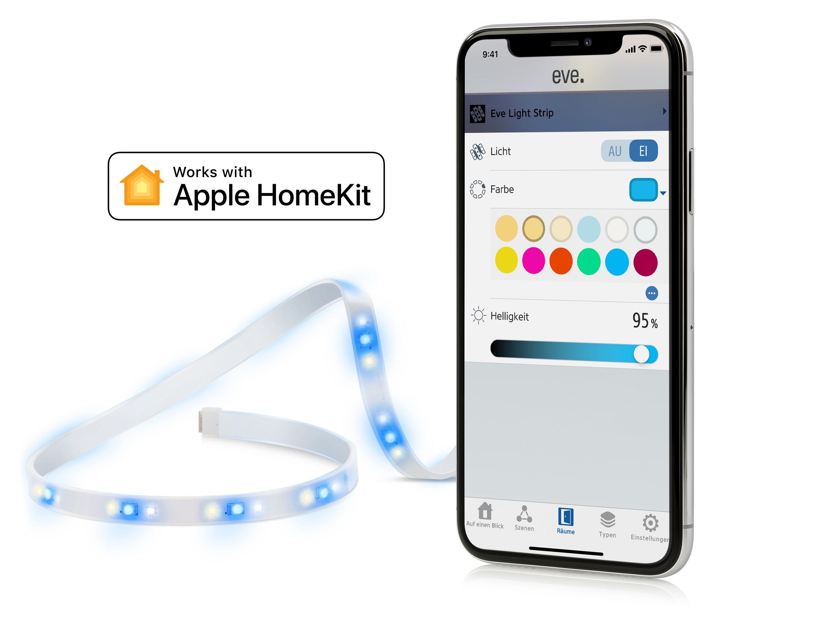 Smartphone con interfaccia app Eve, controllo di una striscia luminosa blu. Logo Apple HomeKit a sinistra.