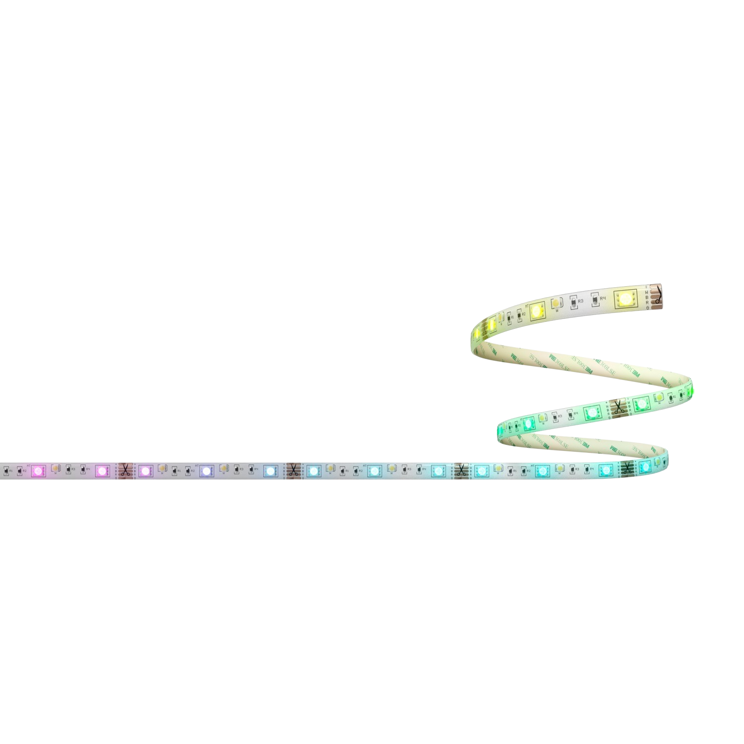 LED-lichtstrip op een zwarte achtergrond. De strip buigt met veranderende kleuren.