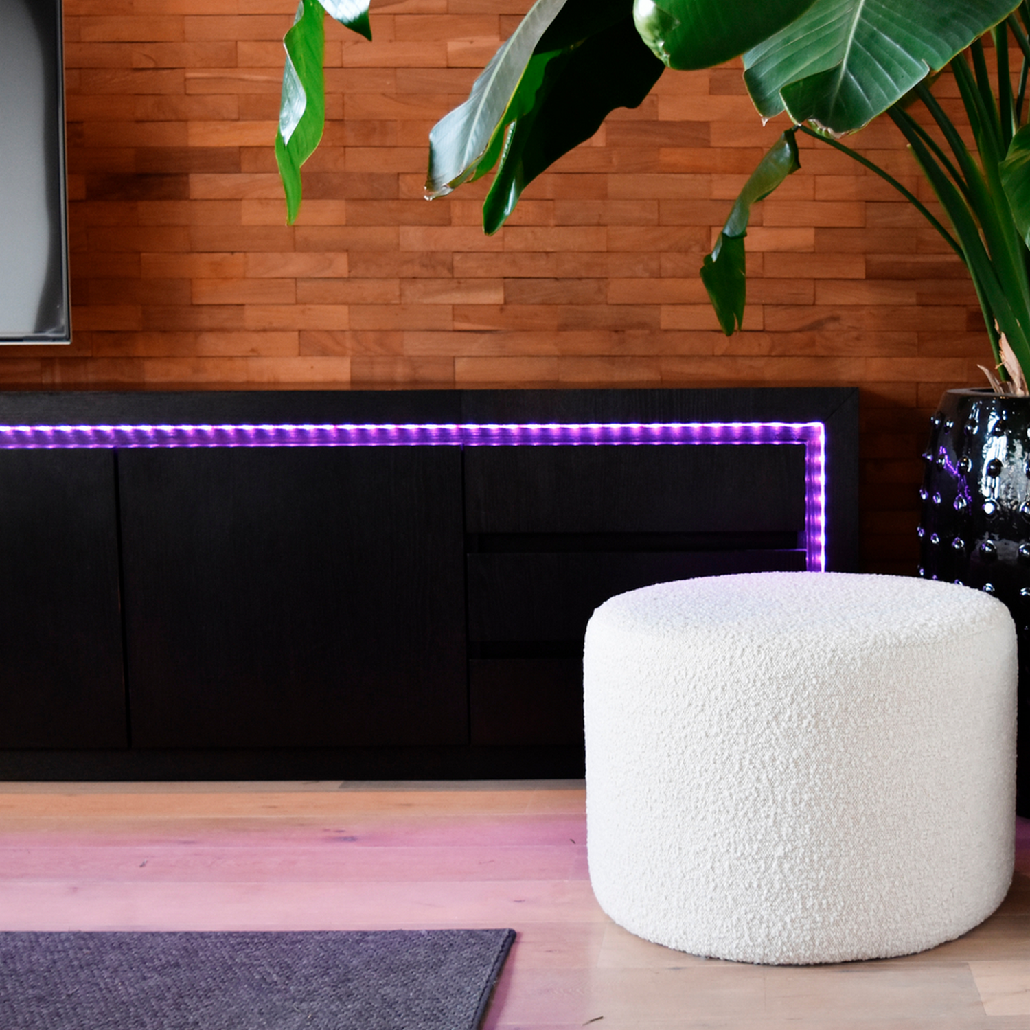 Een moderne woonkamer met een zwarte kast, een witte poef en een grote plant.