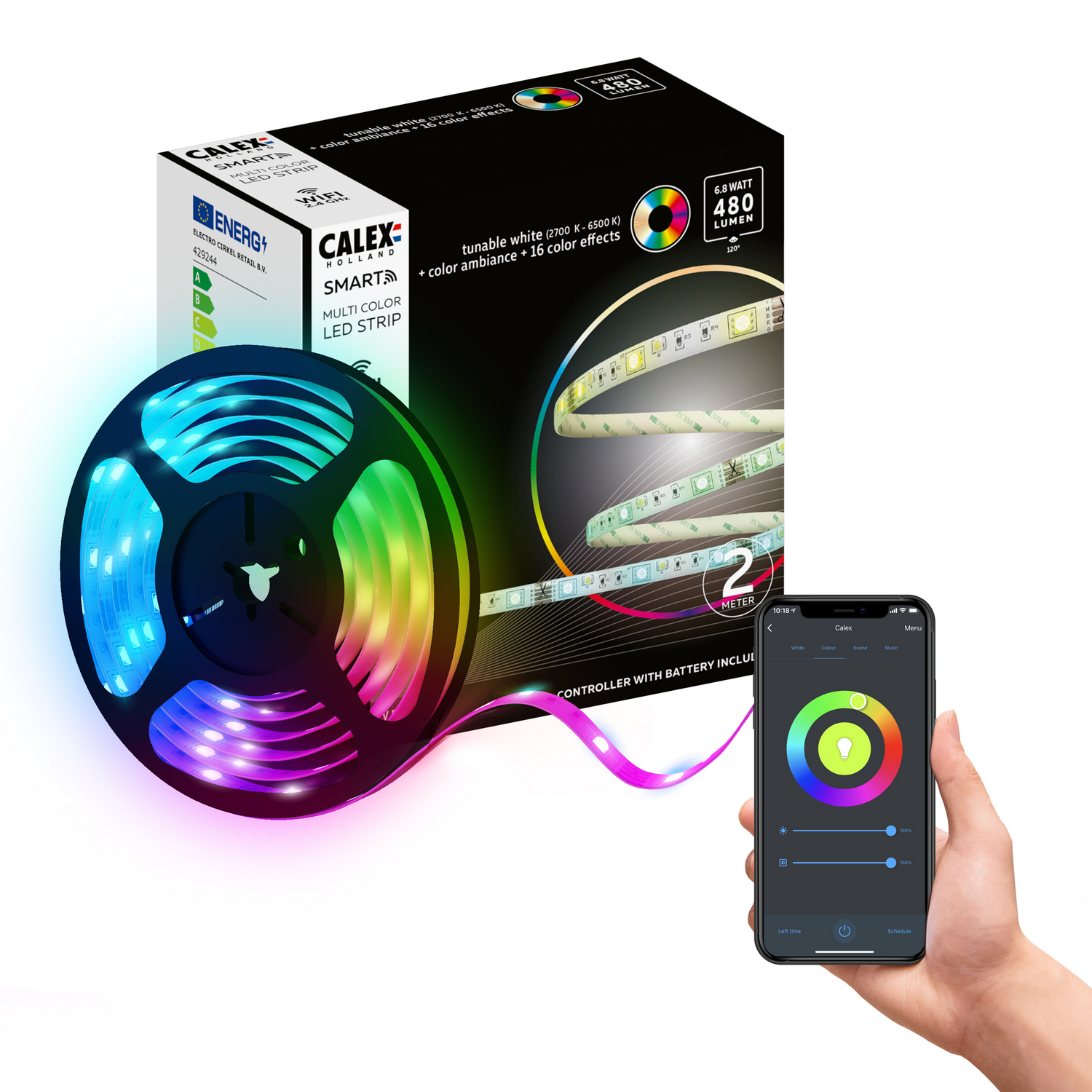 LED-striprol met een smartphone die kleuropties toont. Een hand past de instellingen op de telefoon aan.