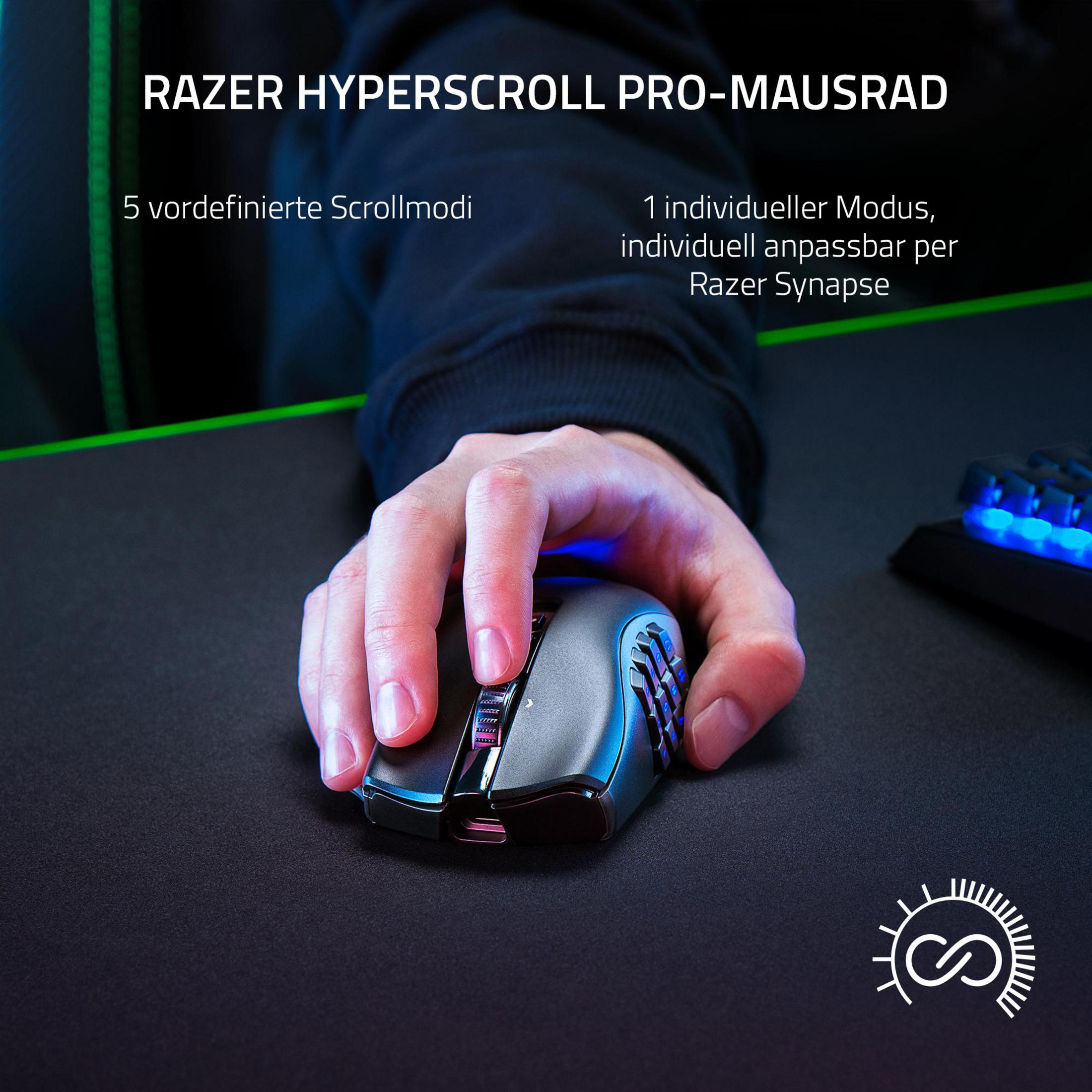 Ręka trzyma mysz Razer nad podkładką. Tekst wskazuje tryby przewijania i Razer Synapse.