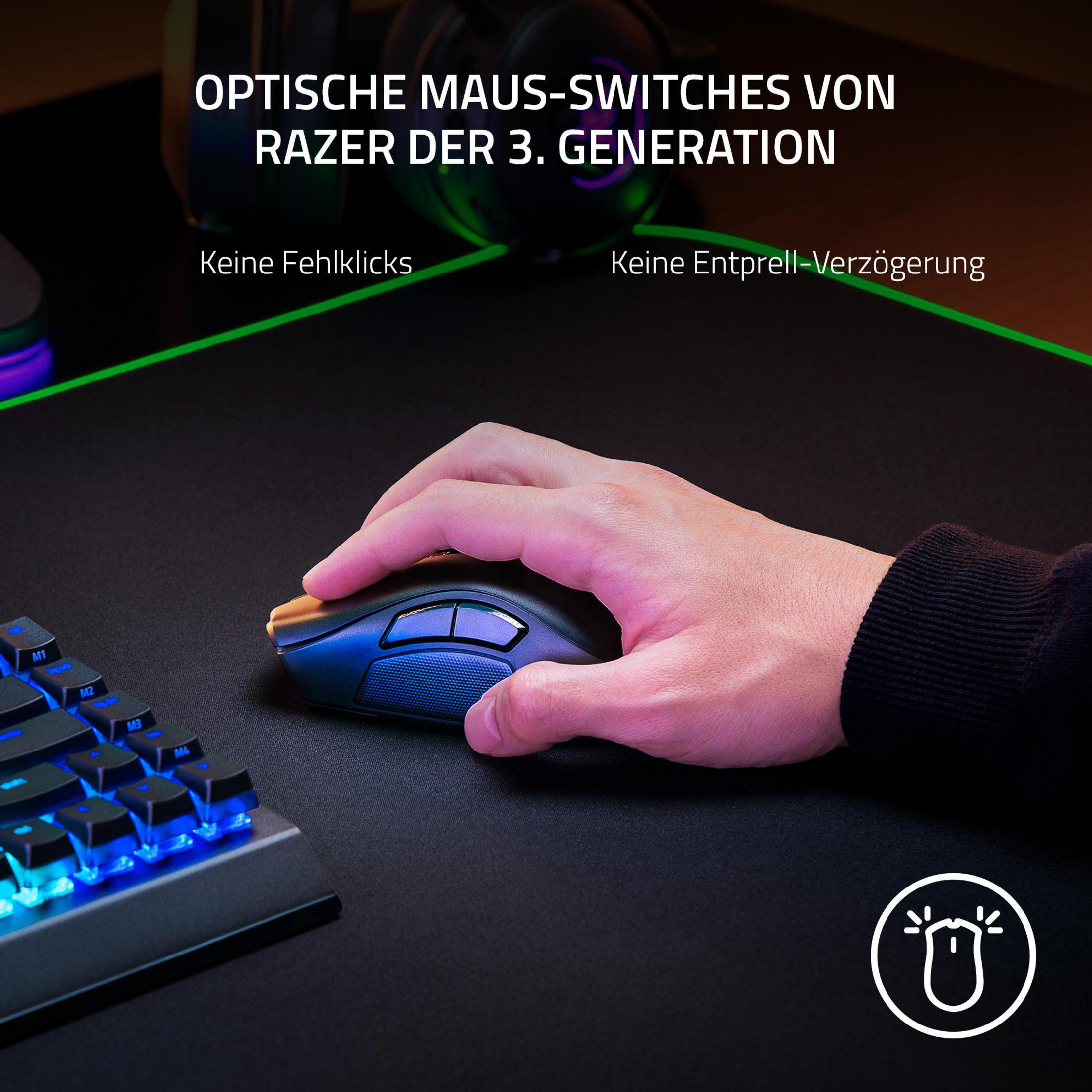 Dłoń używająca myszy Razer na czarnej podkładce z klawiaturą i zieloną linią.