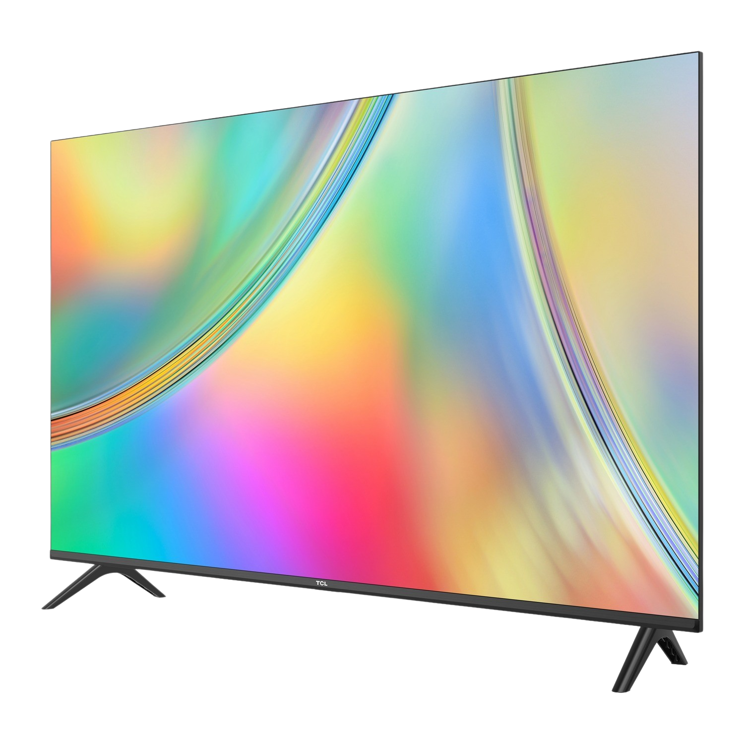 Una gran pantalla de TV mostrando un fondo abstracto colorido, sobre soporte negro.