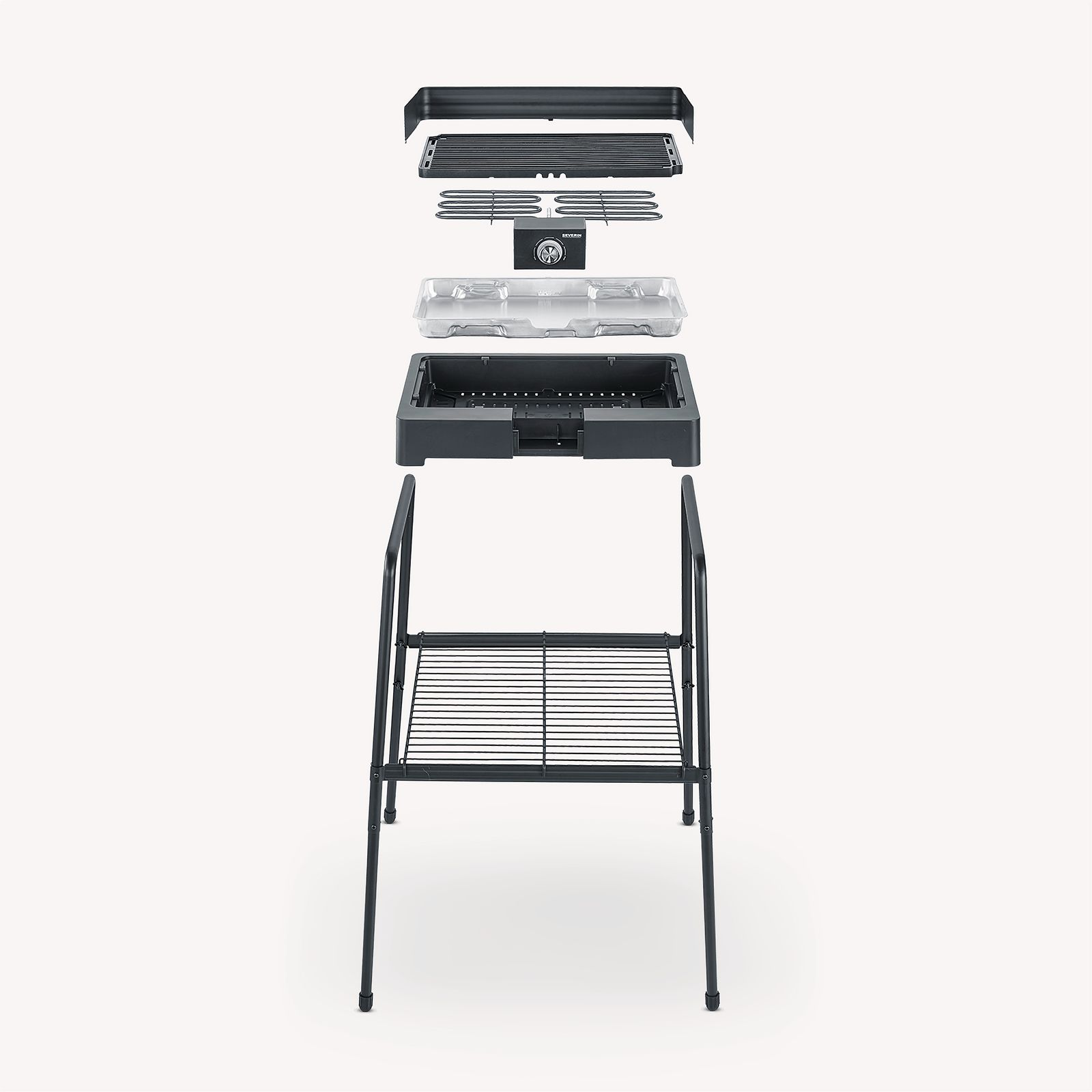 Disassembled electric grill on a white background, showing all the components.