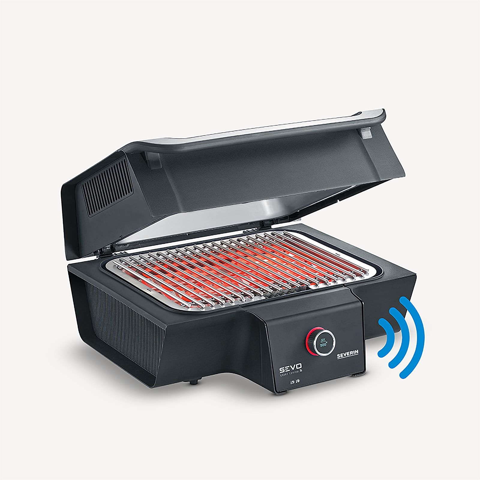 Schwarzer SEVO Elektrogrill mit offenem Deckel. Roter Grill. Blaues WLAN-Symbol.