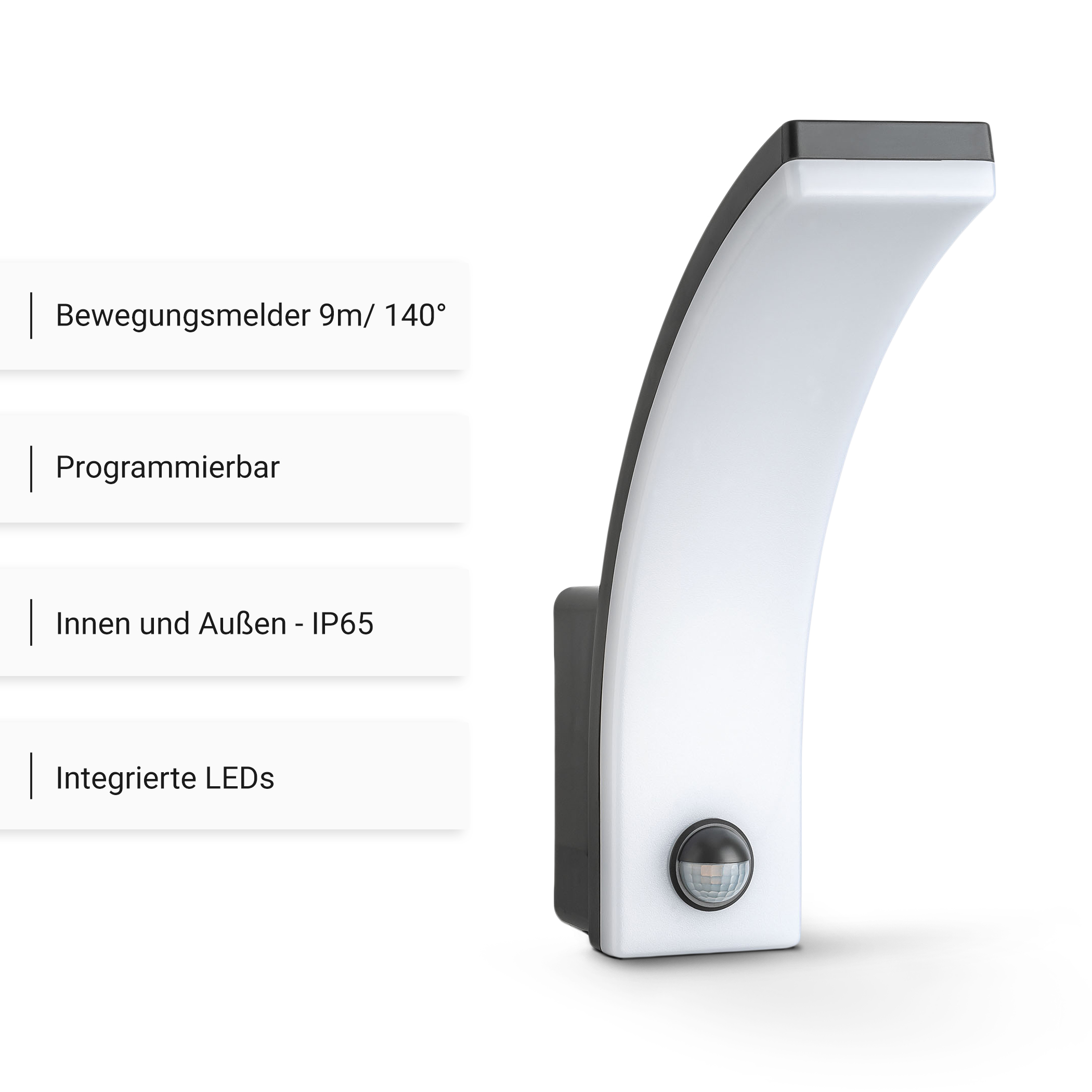 Gewölbte Außenleuchte mit Textlabels: Bewegungsmelder, programmierbar, IP65.