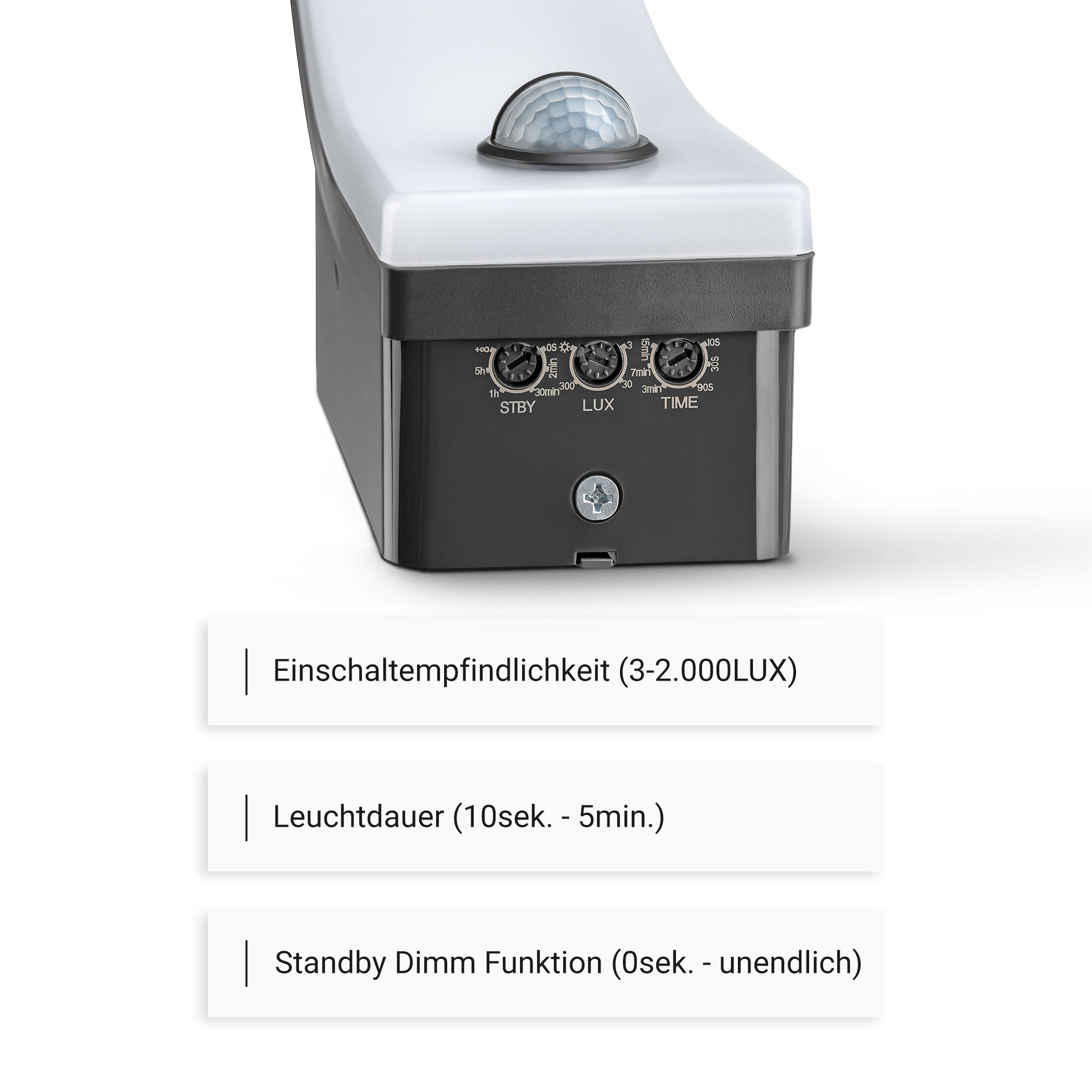 Nahaufnahme einer Bewegungsmelderleuchte mit sichtbaren Steuerungseinstellungen.