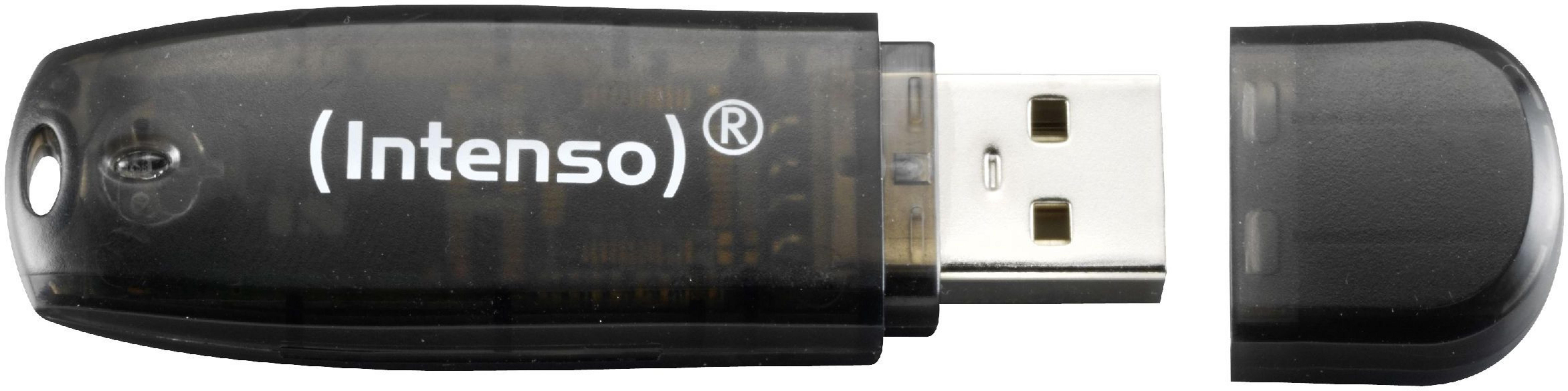 Zwarte USB-stick met dop rechts. Het logo is wit.