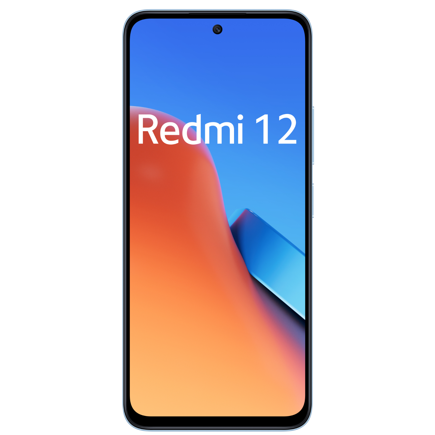 Ein Smartphone mit blauem Rahmen zeigt 'Redmi 12' auf dem Bildschirm vor einem abstrakten Hintergrund.