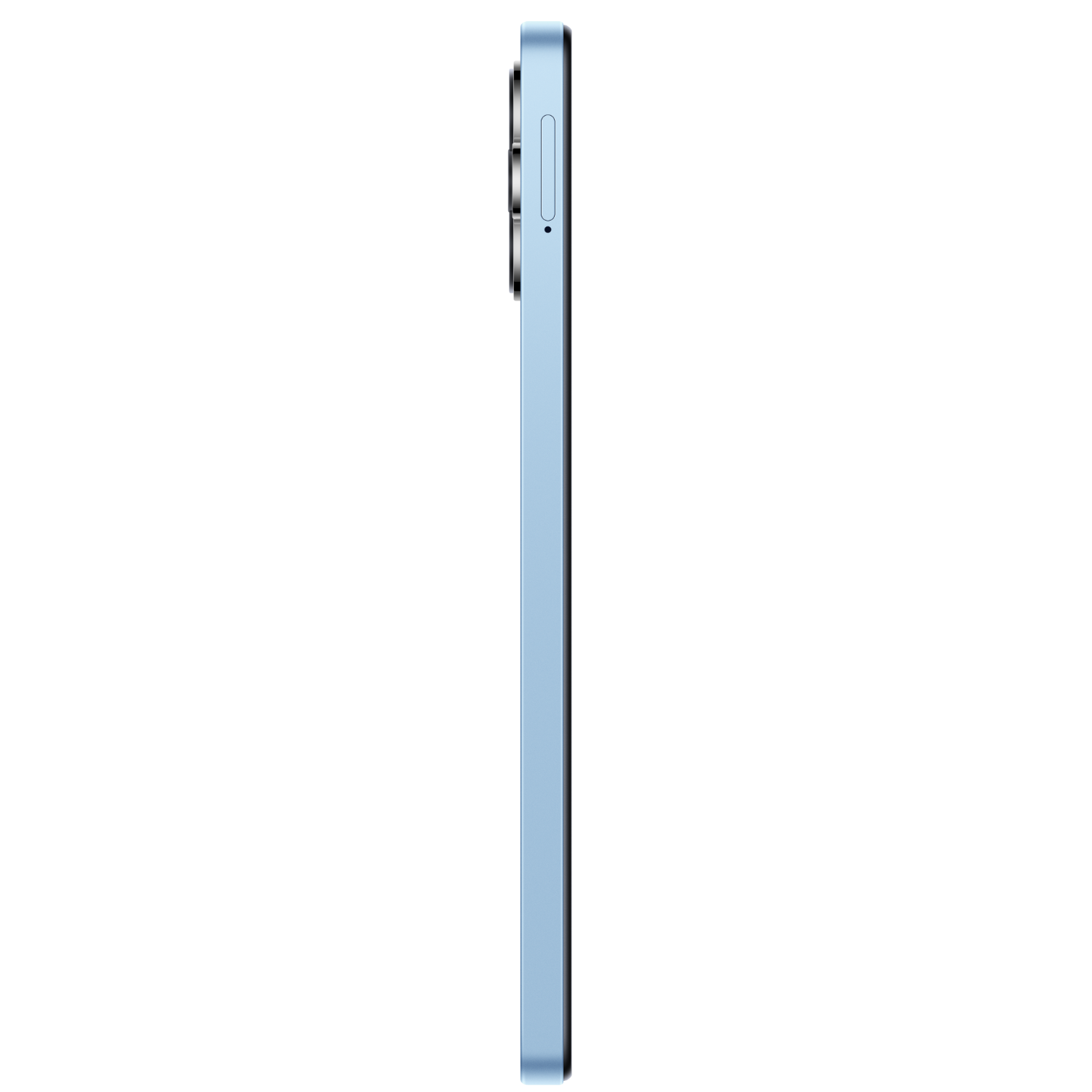 Ein blaues Smartphone mit schwarzem Bildschirm, Seitenansicht. Tasten und eine Kameraanordnung sind sichtbar.