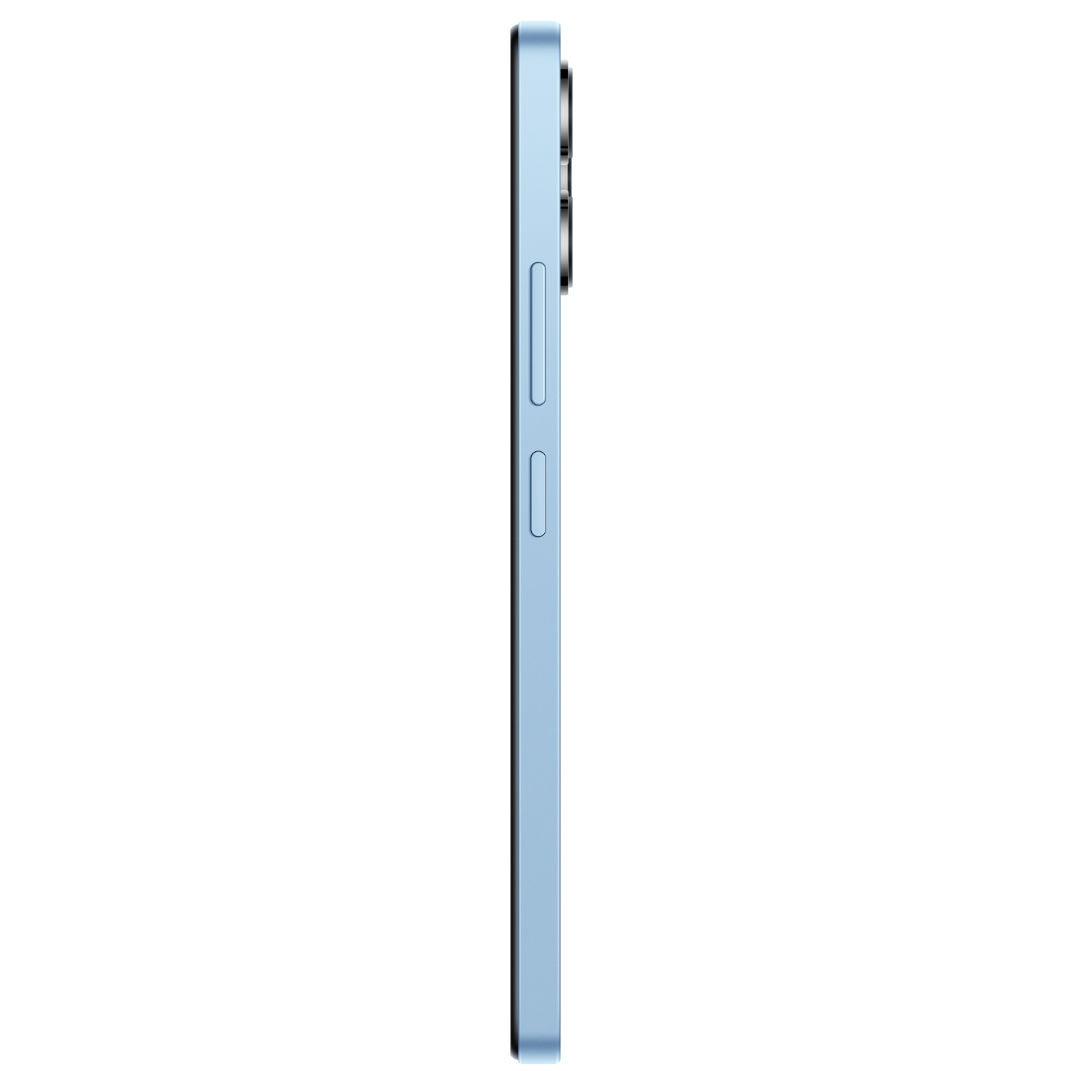 Ein hellblaues Smartphone, Seitenansicht. Das Telefon befindet sich auf schwarzem Hintergrund und zeigt seinen Rand.