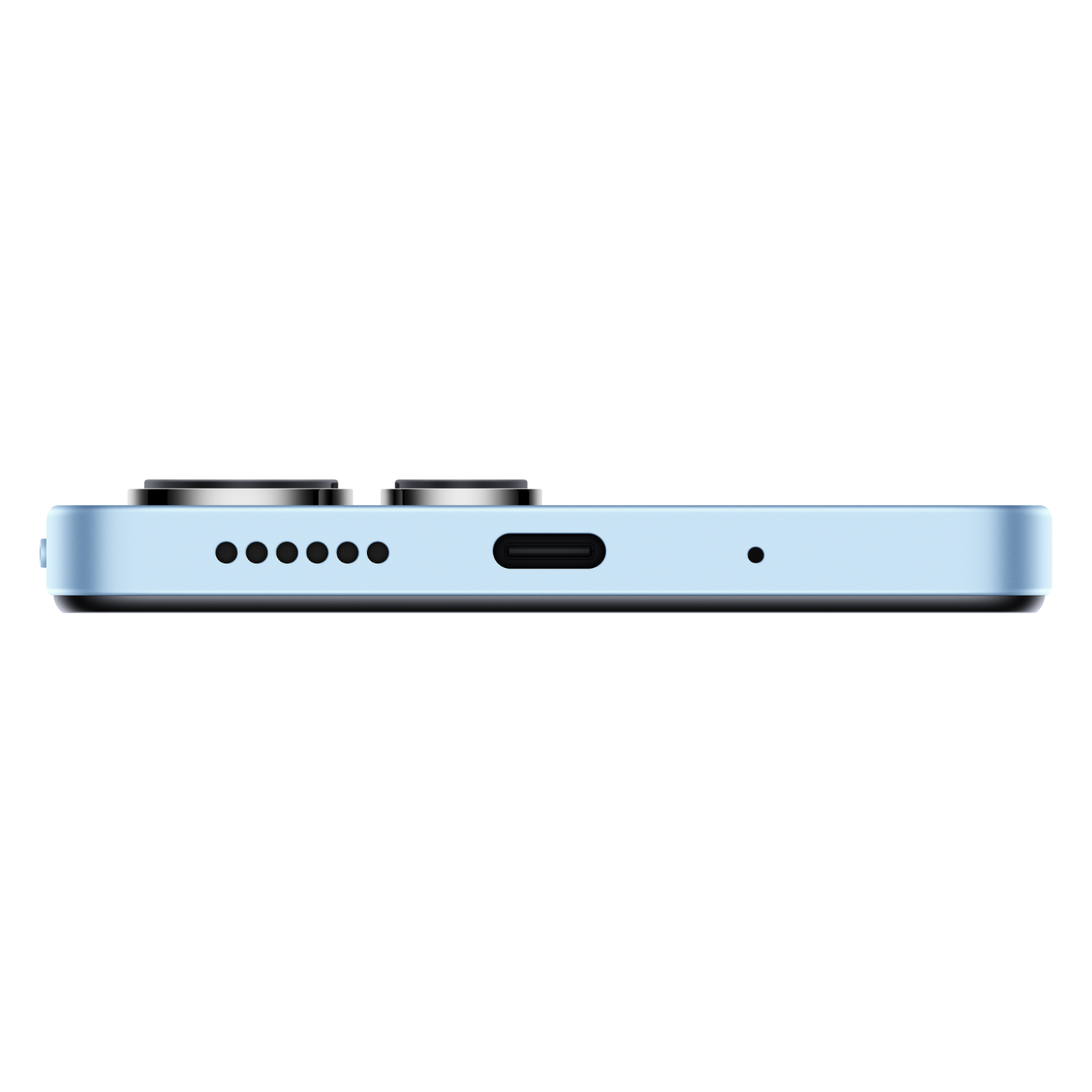 Hellblaues Telefon von der Seite mit Kameralinsen und Ladeanschluss vor schwarzem Hintergrund.