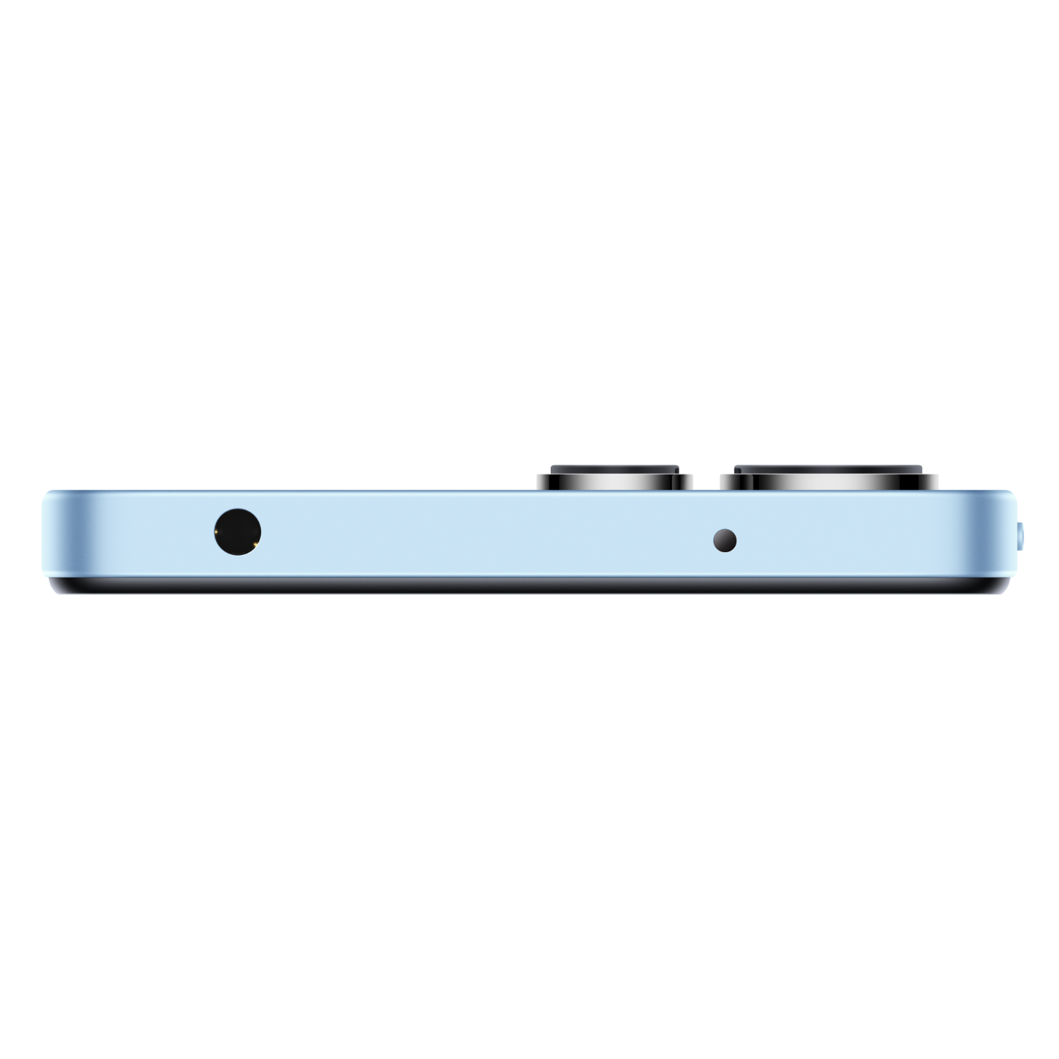 Seitenansicht eines hellblauen Smartphones mit Kopfhöreranschluss und zwei Kameralinsen.