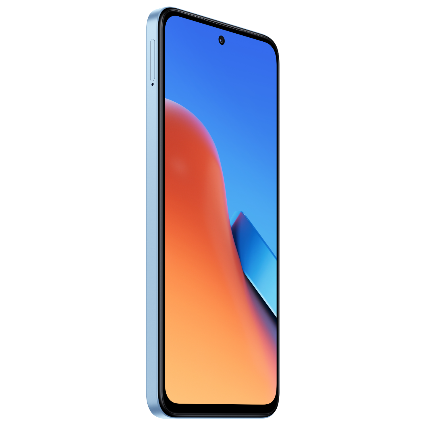 Blaues Telefon, Seitenansicht, auf schwarzem Hintergrund. Der Bildschirm zeigt ein farbiges Bild.