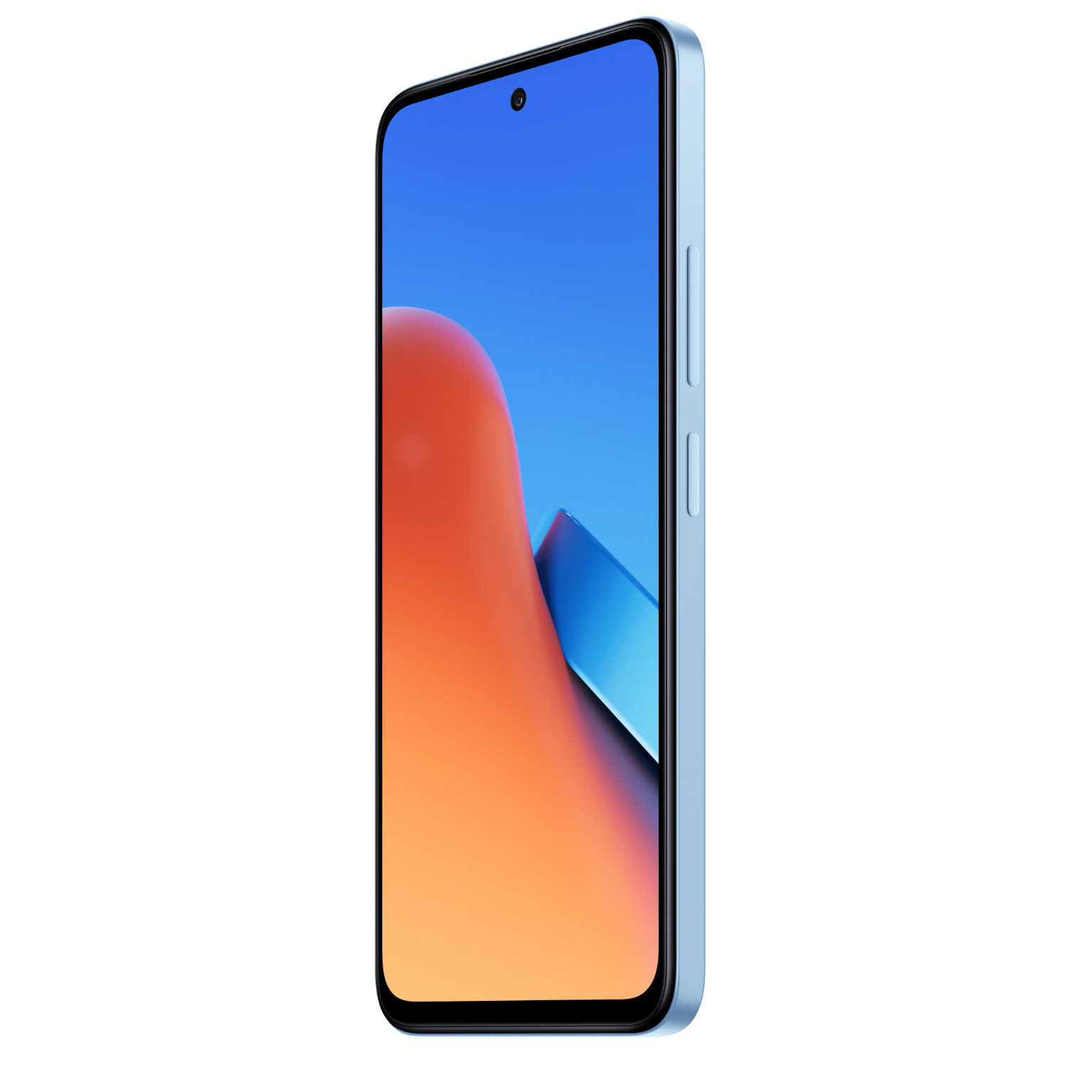 Ein hellblaues Smartphone mit großem Bildschirm, das ein farbenfrohes abstraktes Bild zeigt, auf schwarzem Hintergrund.