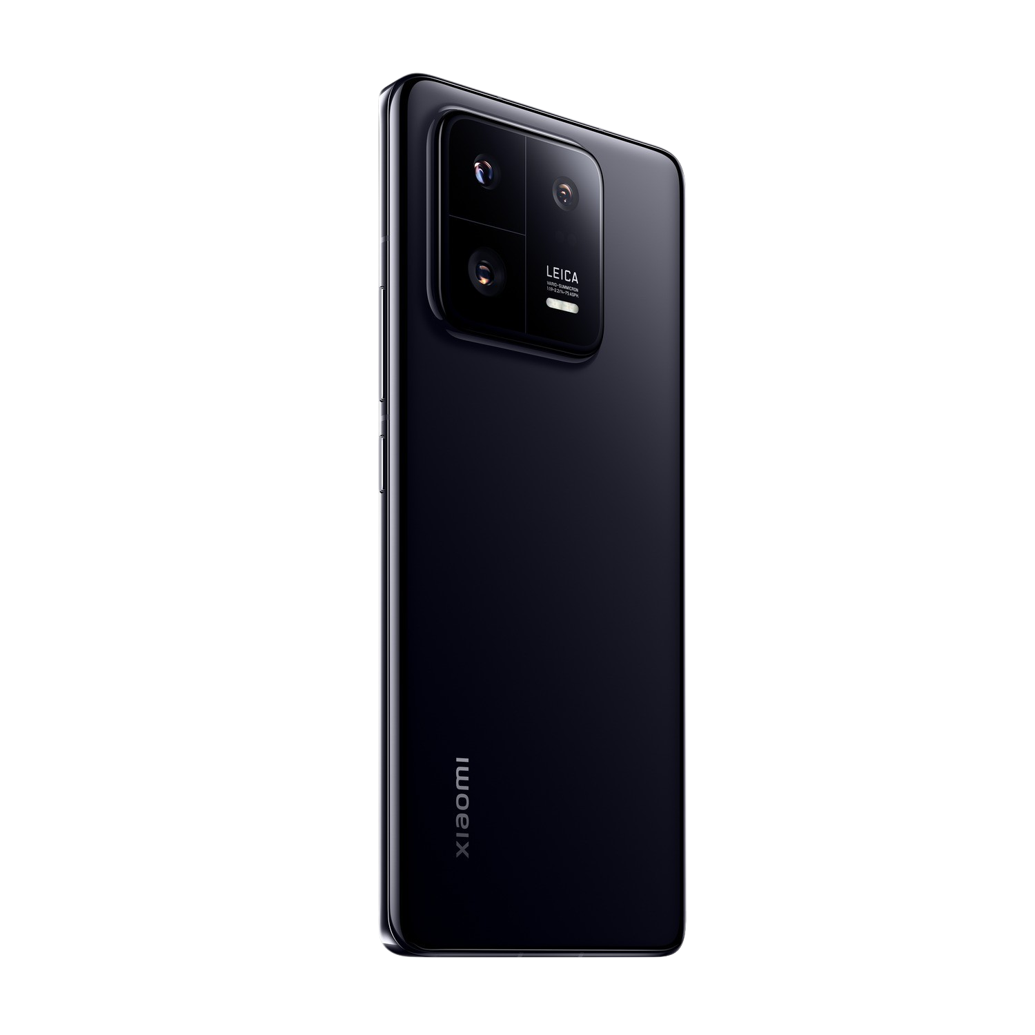 Czarny smartfon na czarnym tle. Widok z tyłu pokazuje zestaw kamer i markę Leica.