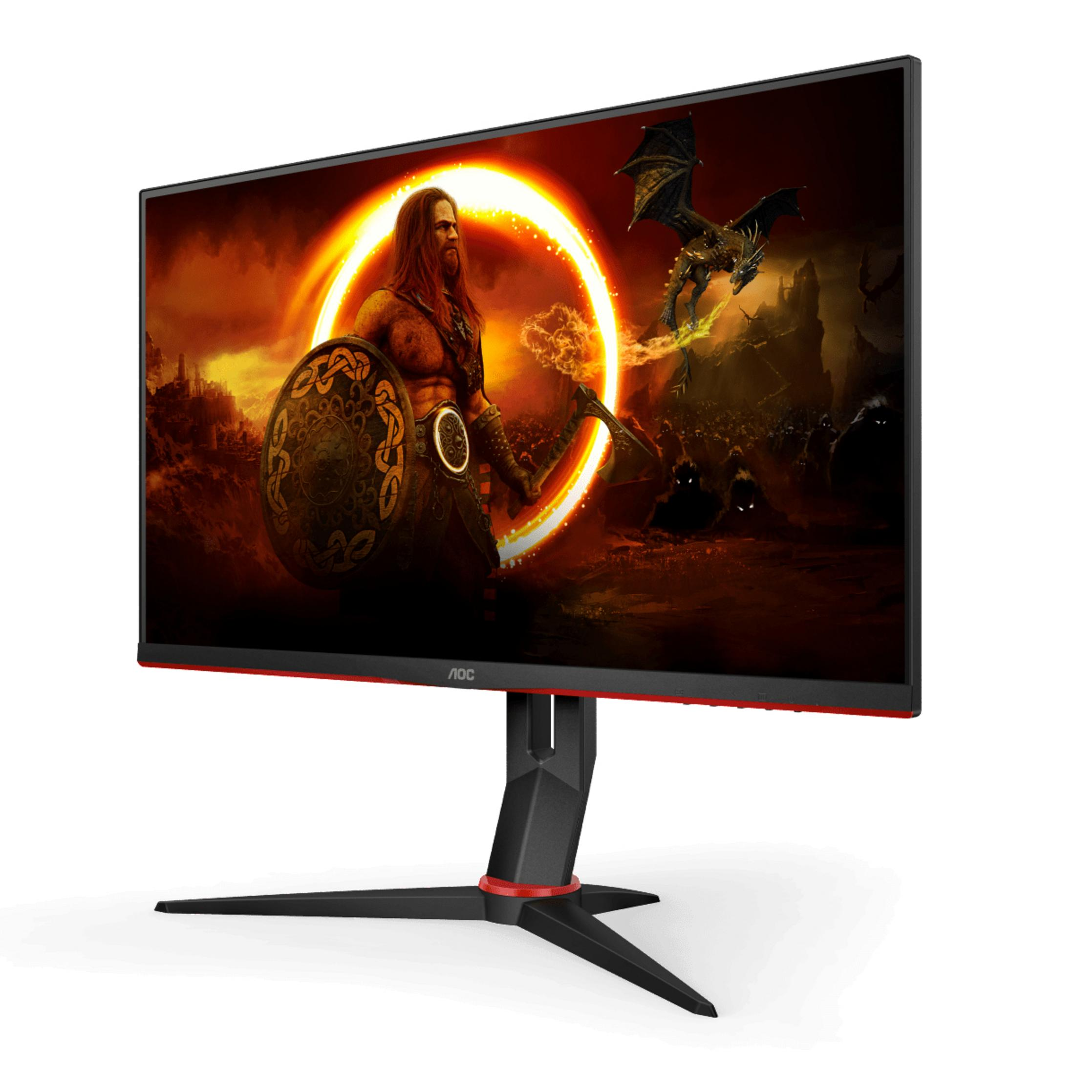 Un monitor che mostra una scena di gioco. Sfondo bianco.