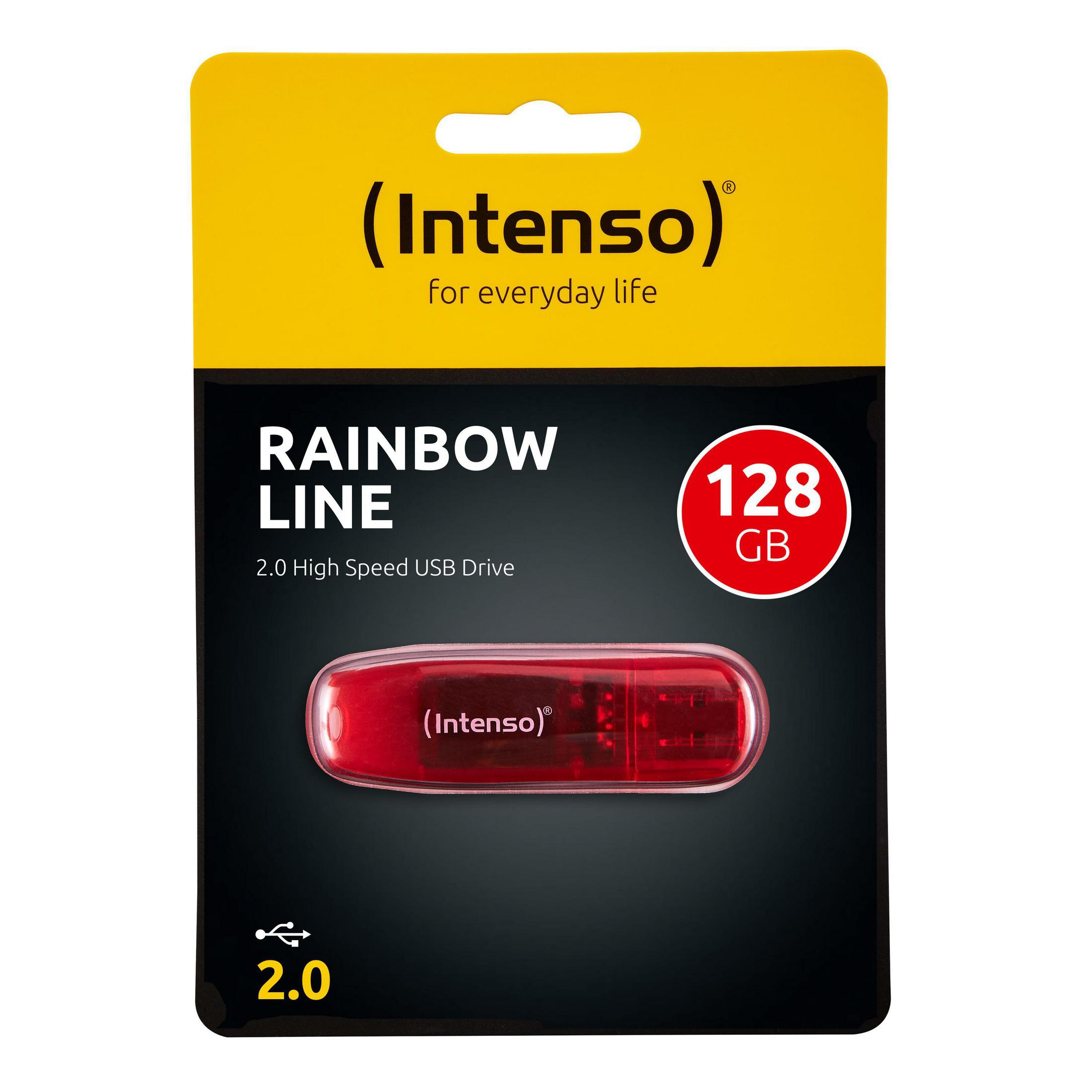 Roter Intenso 128GB USB-Stick in Verpackung. Gelbe und schwarze Verpackung.